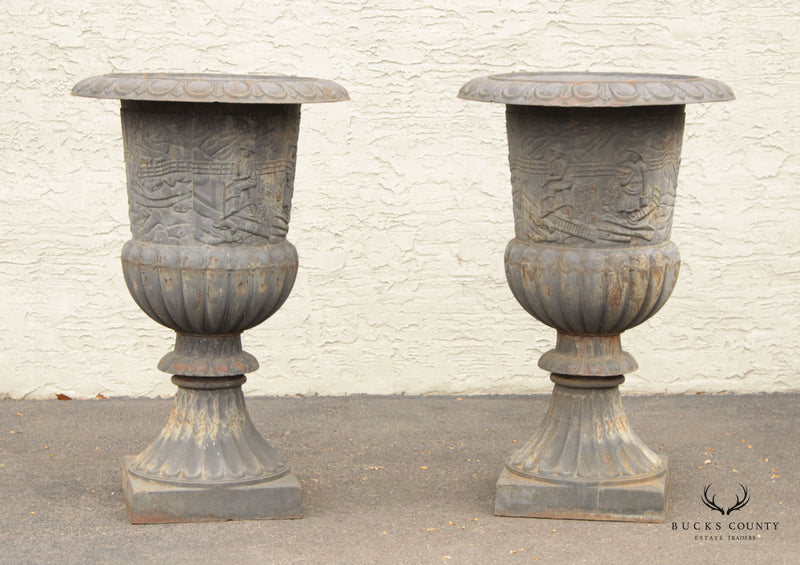 Vintage Pair Large Cast Iron Garden Urns with Pastoral Motif