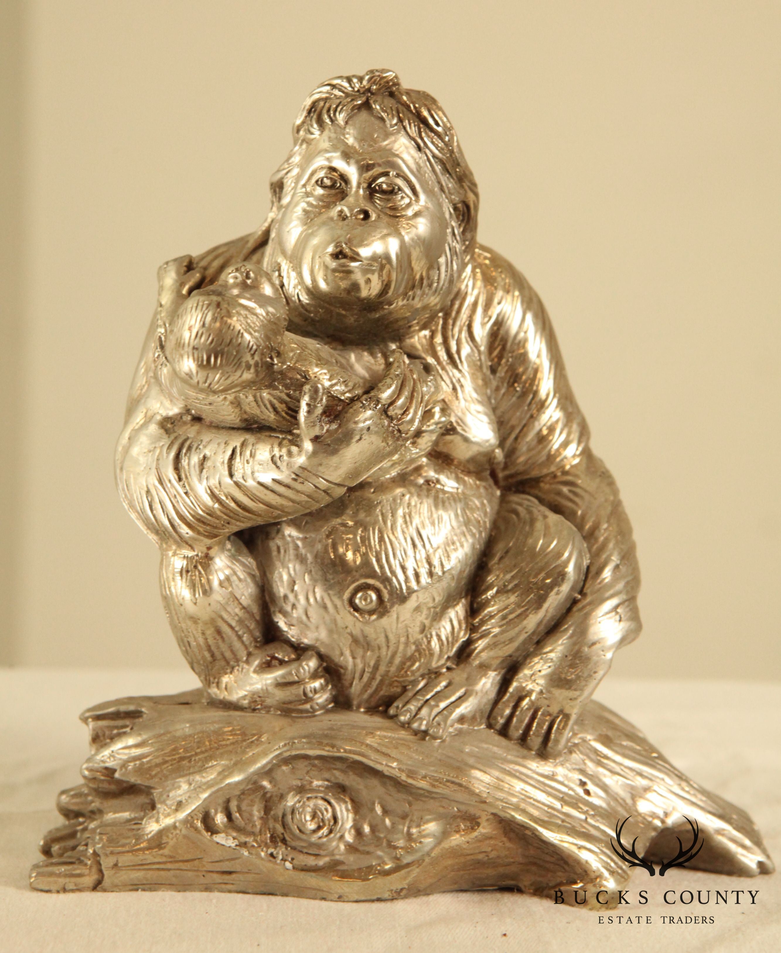 Silver Finish Bronze Statue of Mother & Baby Orangutan