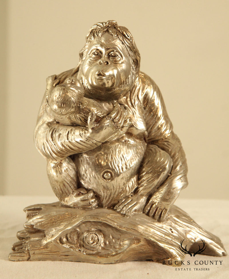 Silver Finish Bronze Statue of Mother & Baby Orangutan