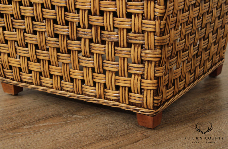 Vintage Woven Wicker Square Glass Top Side Table