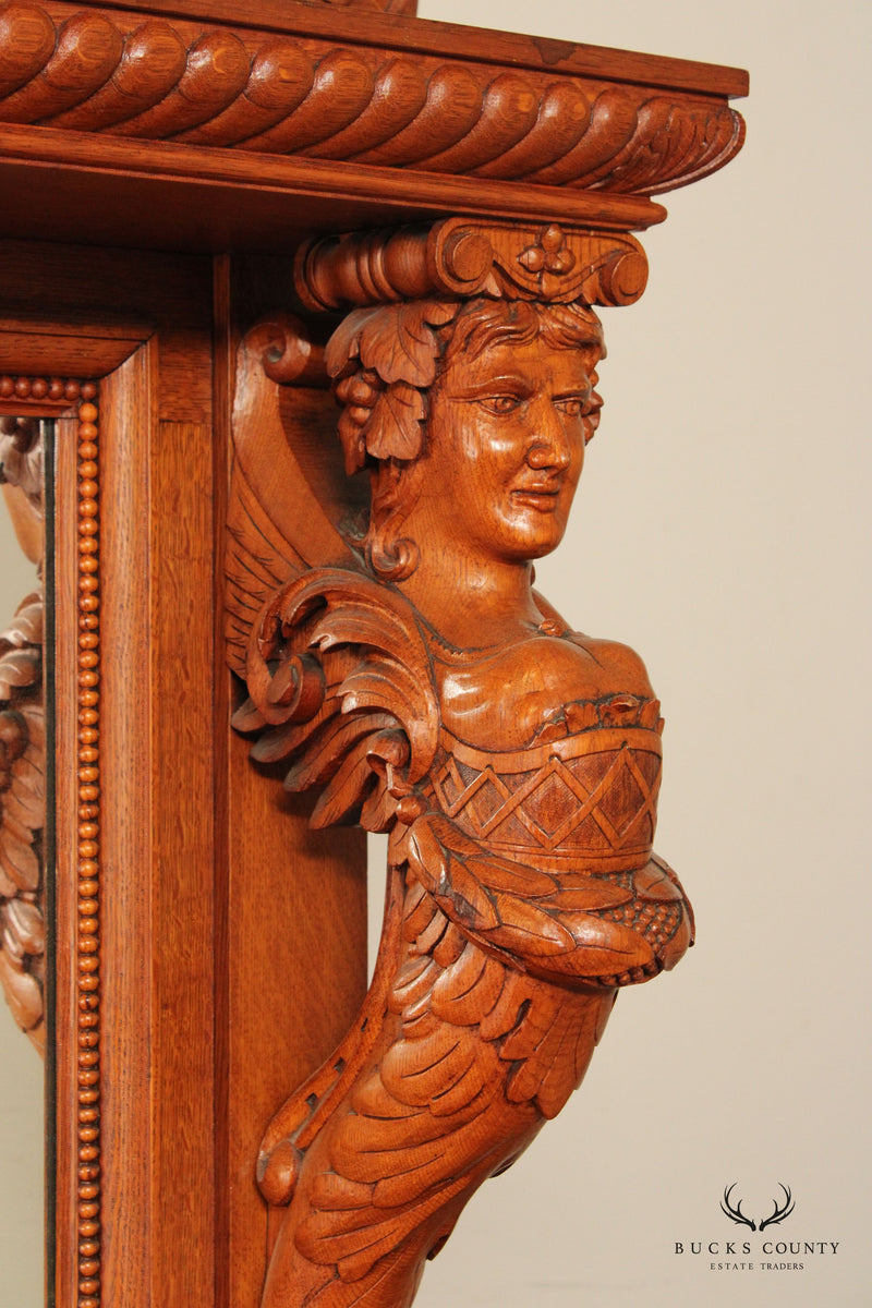 Antique Renaissance Revival Figural Carved Oak Mirrored Sideboard