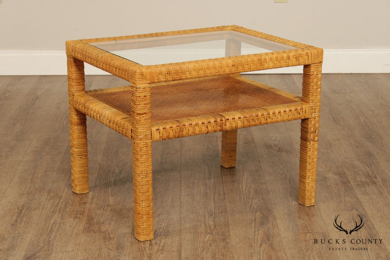 Vintage Rattan Wicker End Table with Glass Top