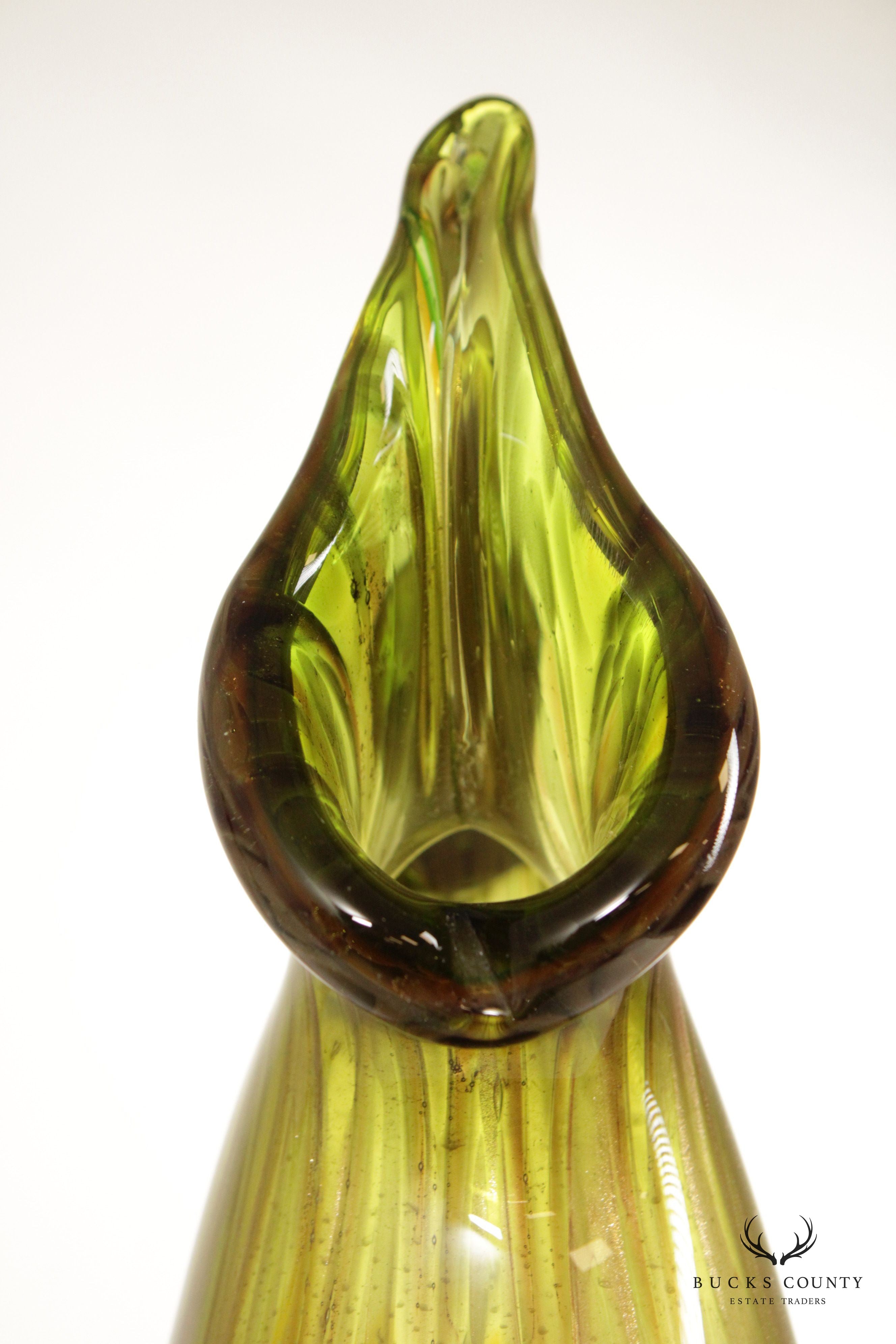 Mid Century Modern Hand Blown Green Art Glass Vase