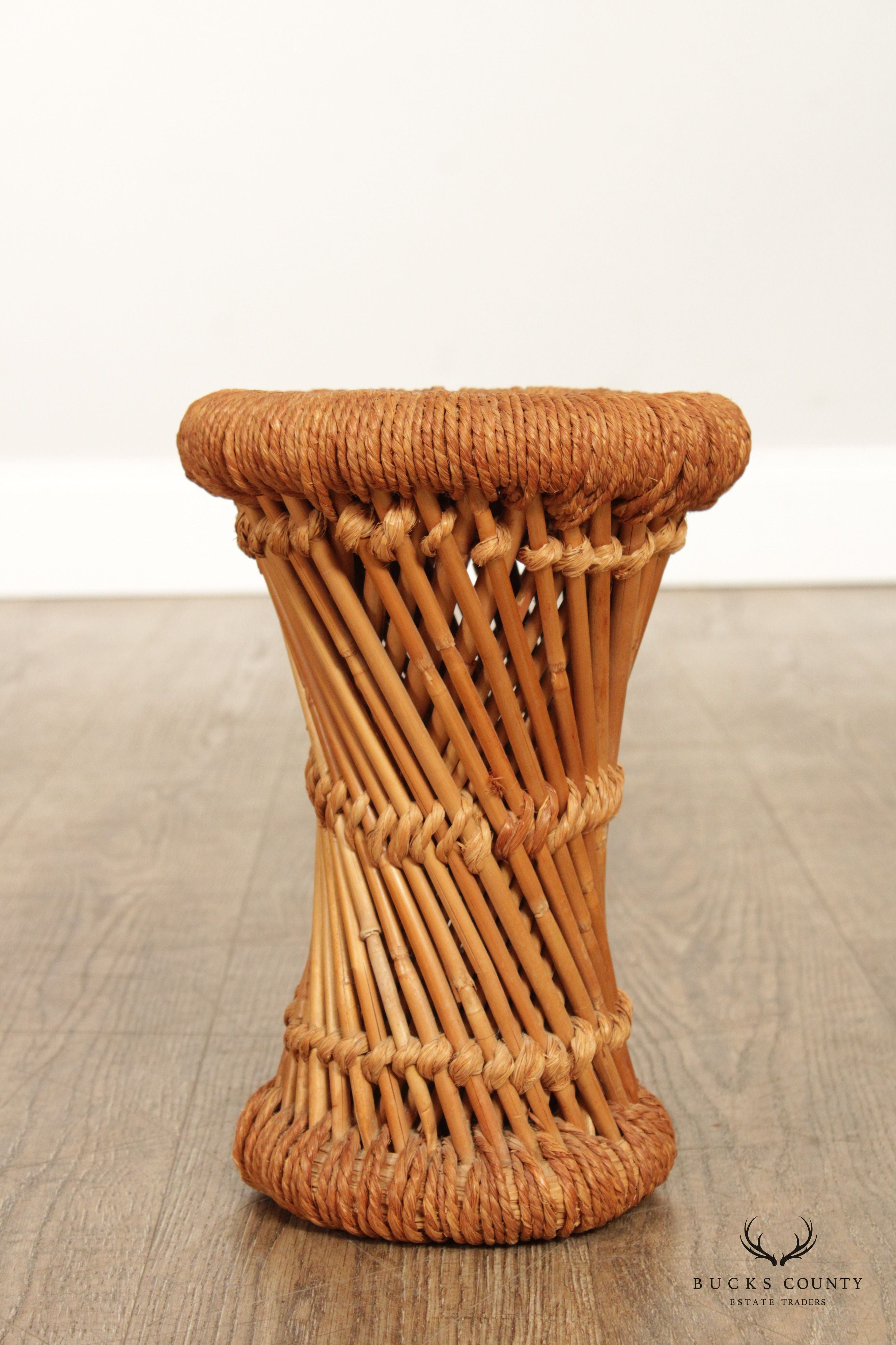 Woven Rattan Pedestal Coffee Table and Two Stands