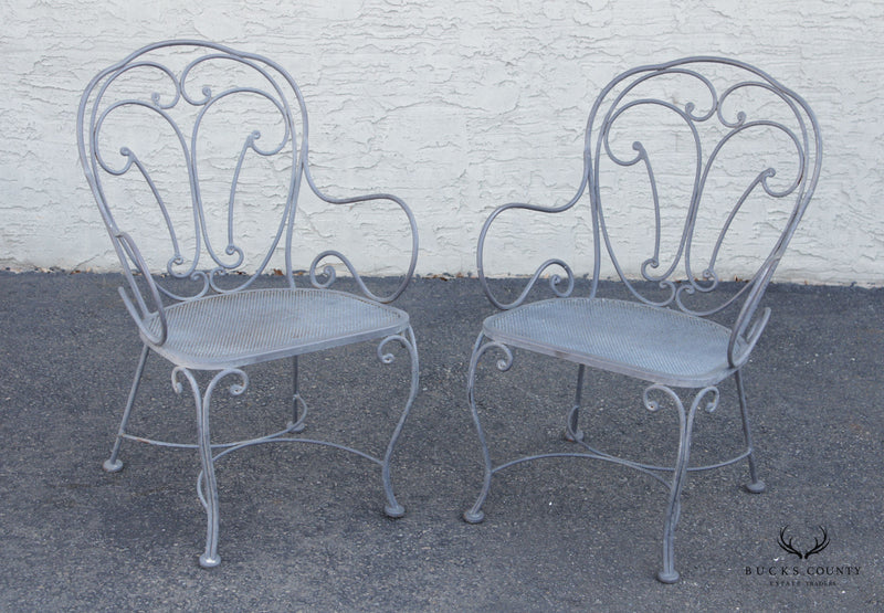 French Style Vintage Wrought Iron Scroll Pair of Garden Armchairs