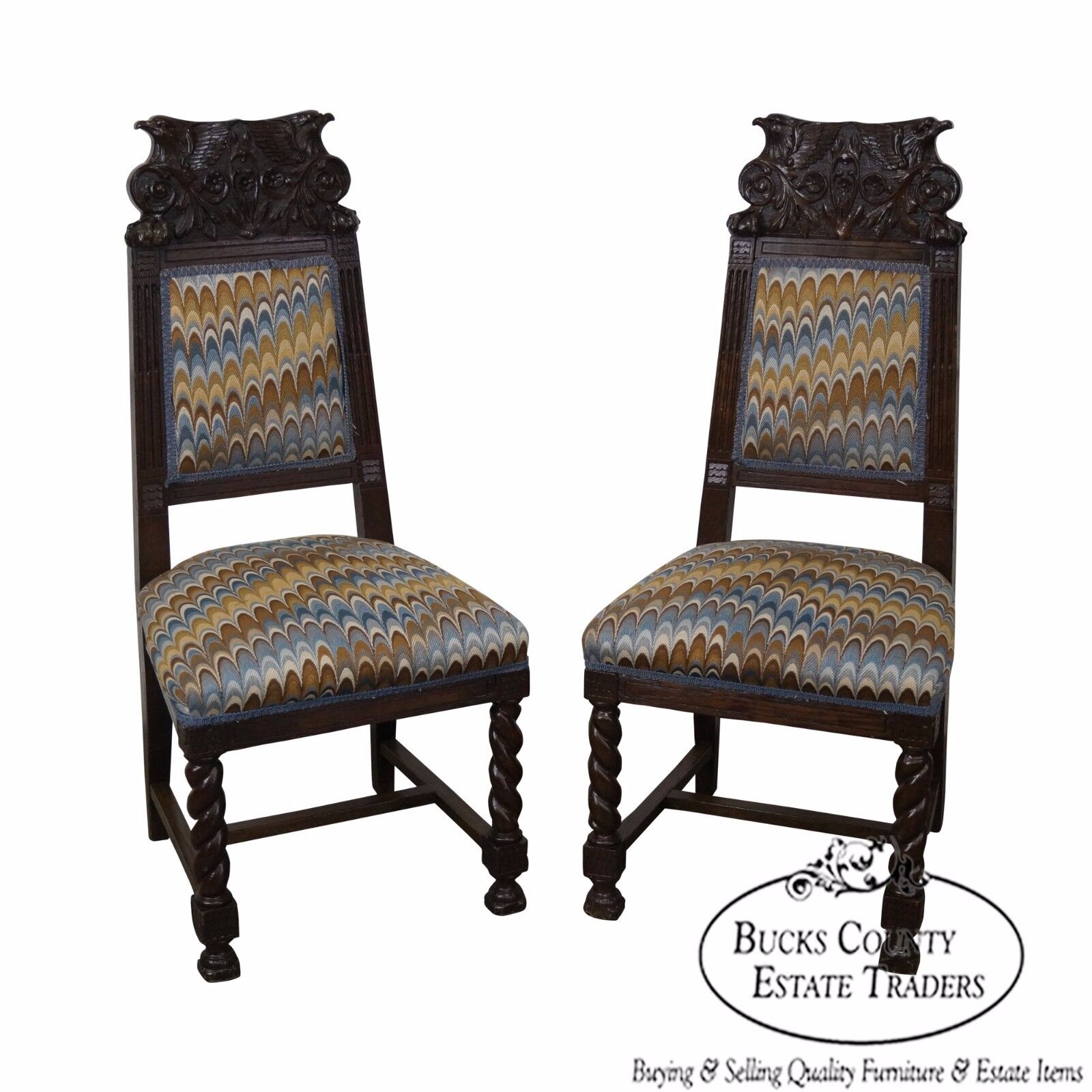 Antique 19th Century Carved Eagle Barley Twist Pair of Side Chairs (A)