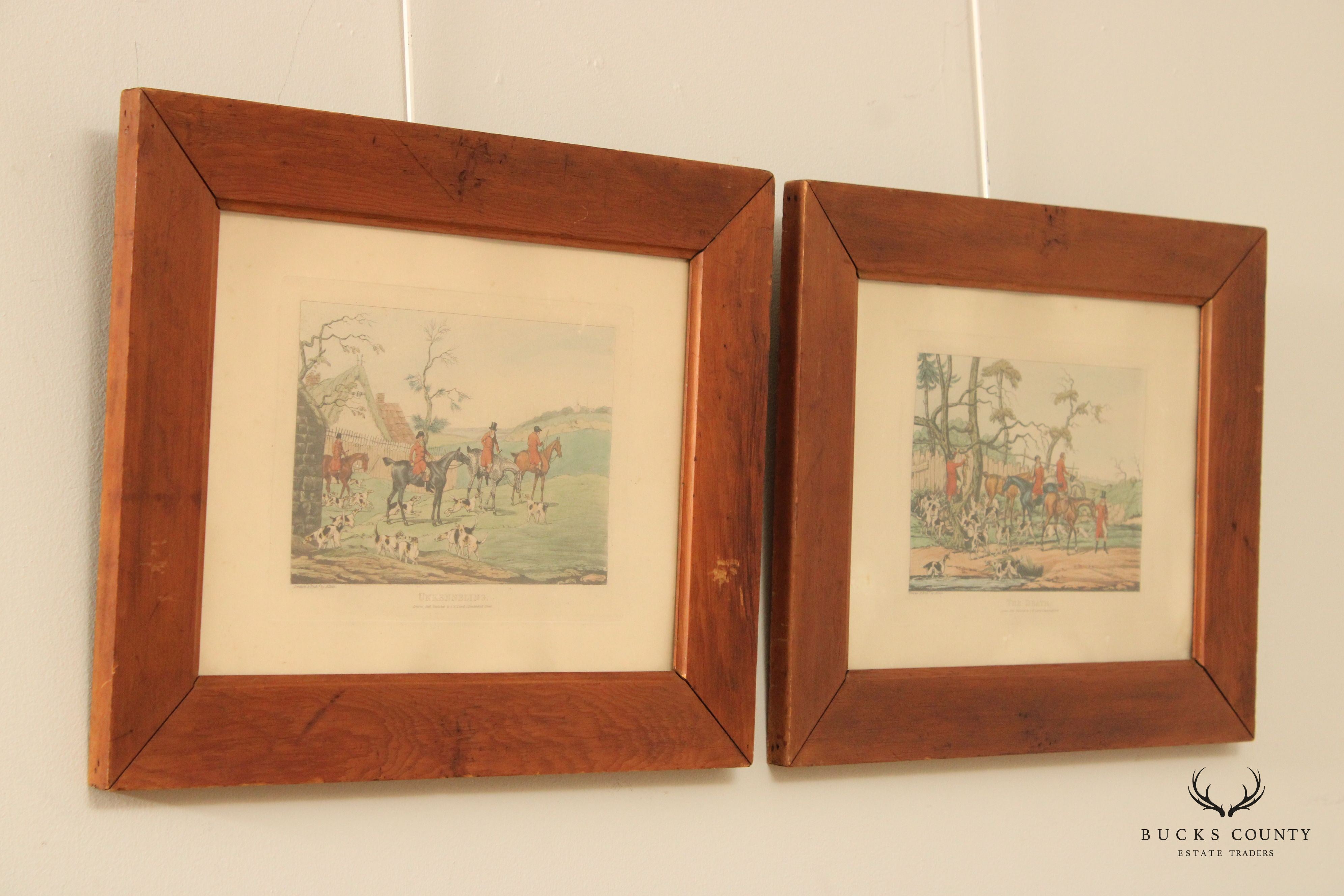 Antique English Pair of Fox Hunting Etchings, Custom Framed