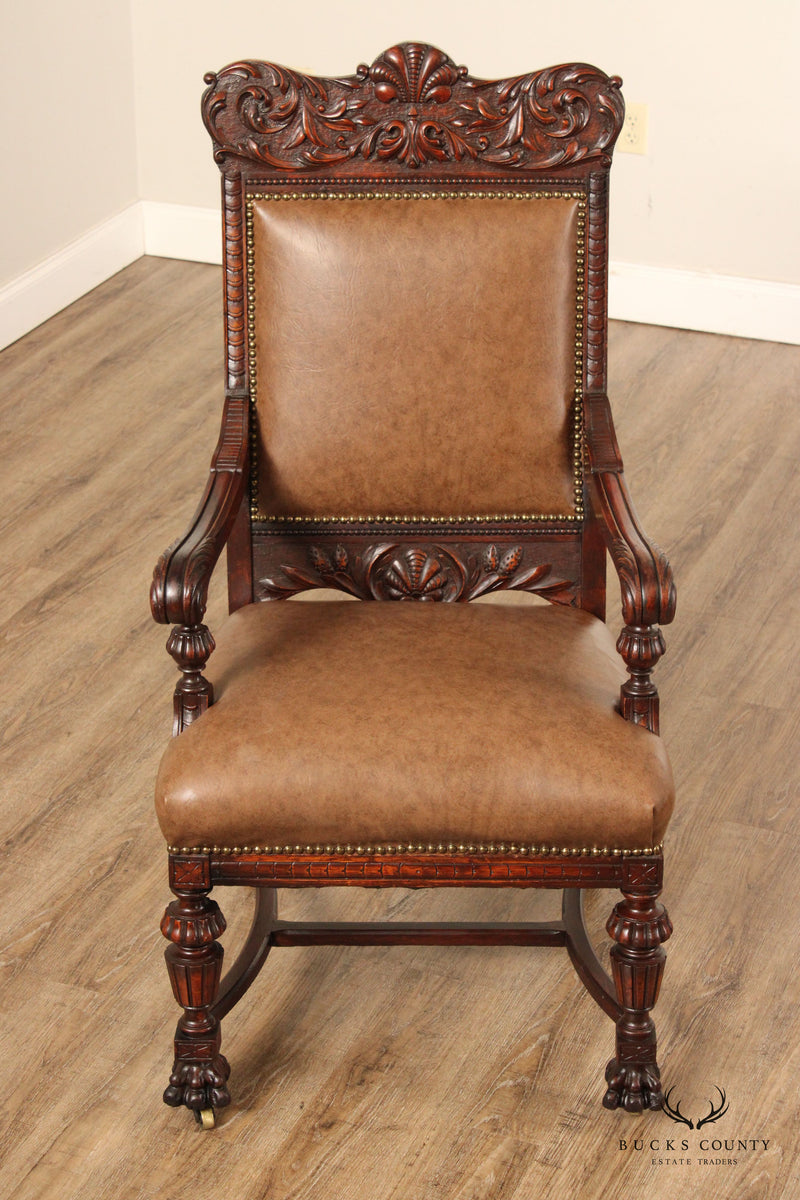 Antique Victorian Renaissance Revival Pair Carved Oak Throne Chairs