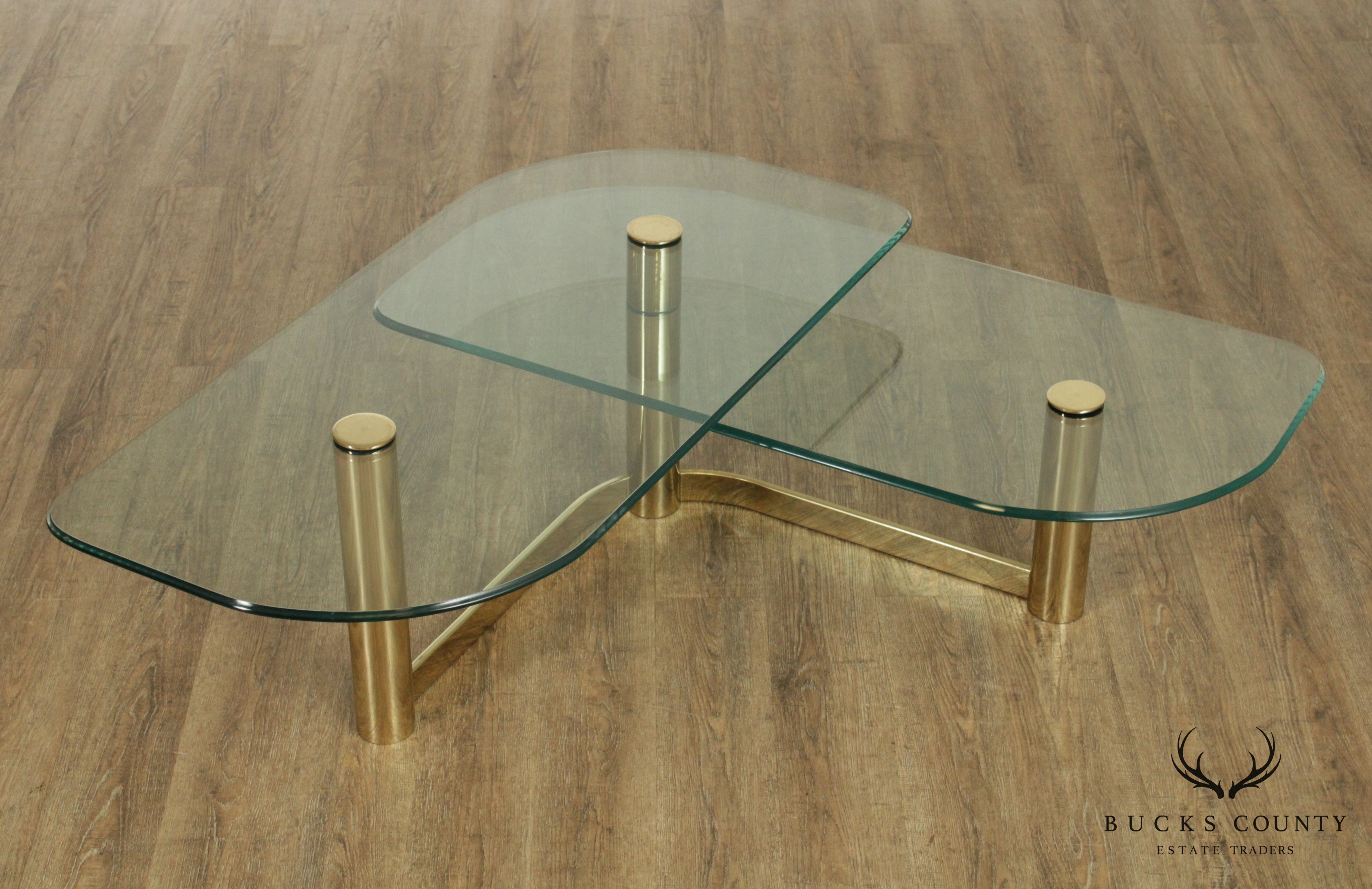 Postmodern 1970's Vintage Brass & Glass 2 Tier L Shape Coffee Table