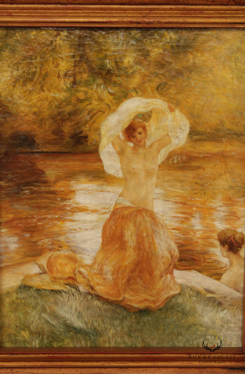 Art Nouveau 'Le Bain' Oil Painting, After Gaston de Latouche