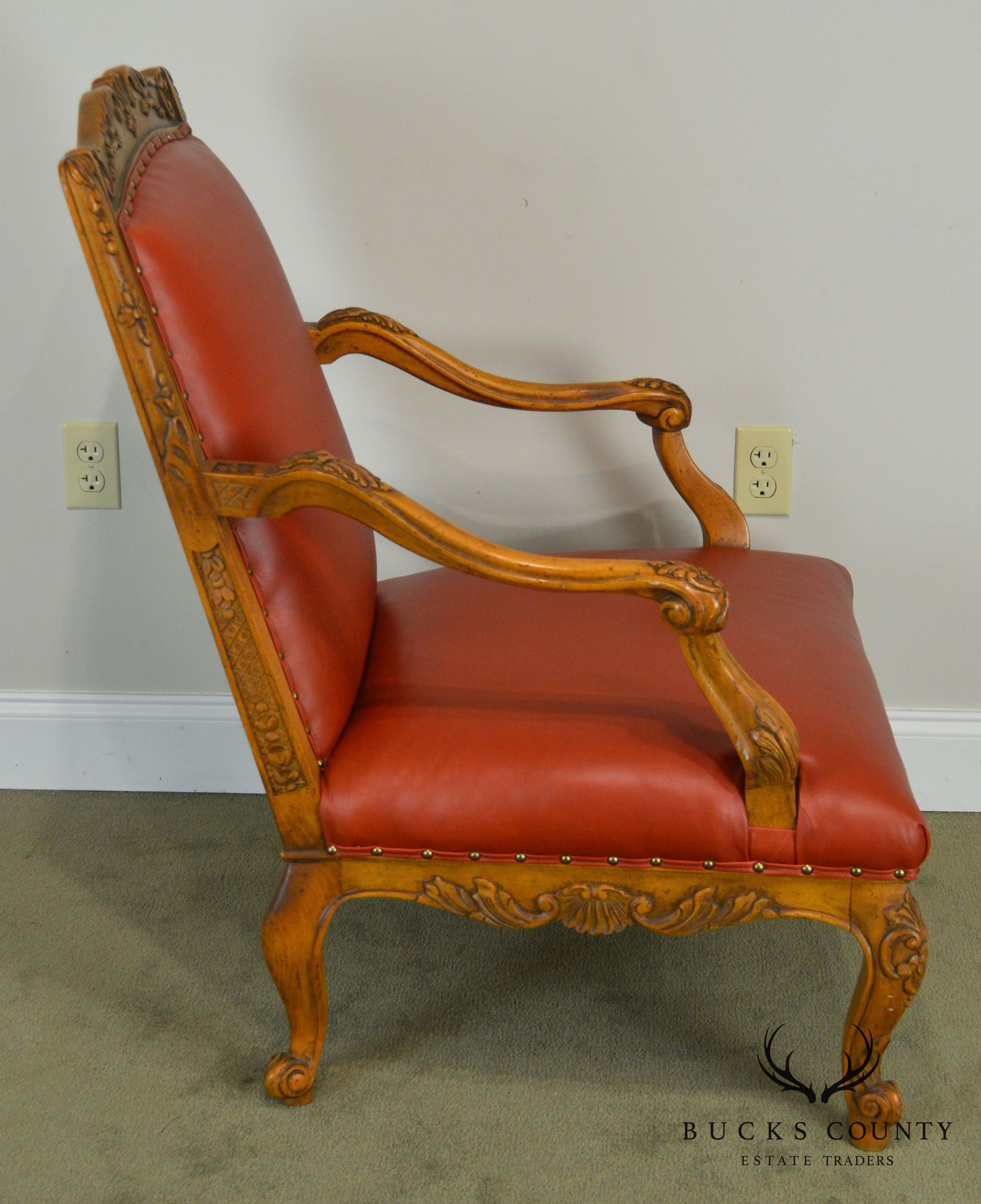 Baker Vintage French Louis XV Style Large Leather Fautevil Arm Chair