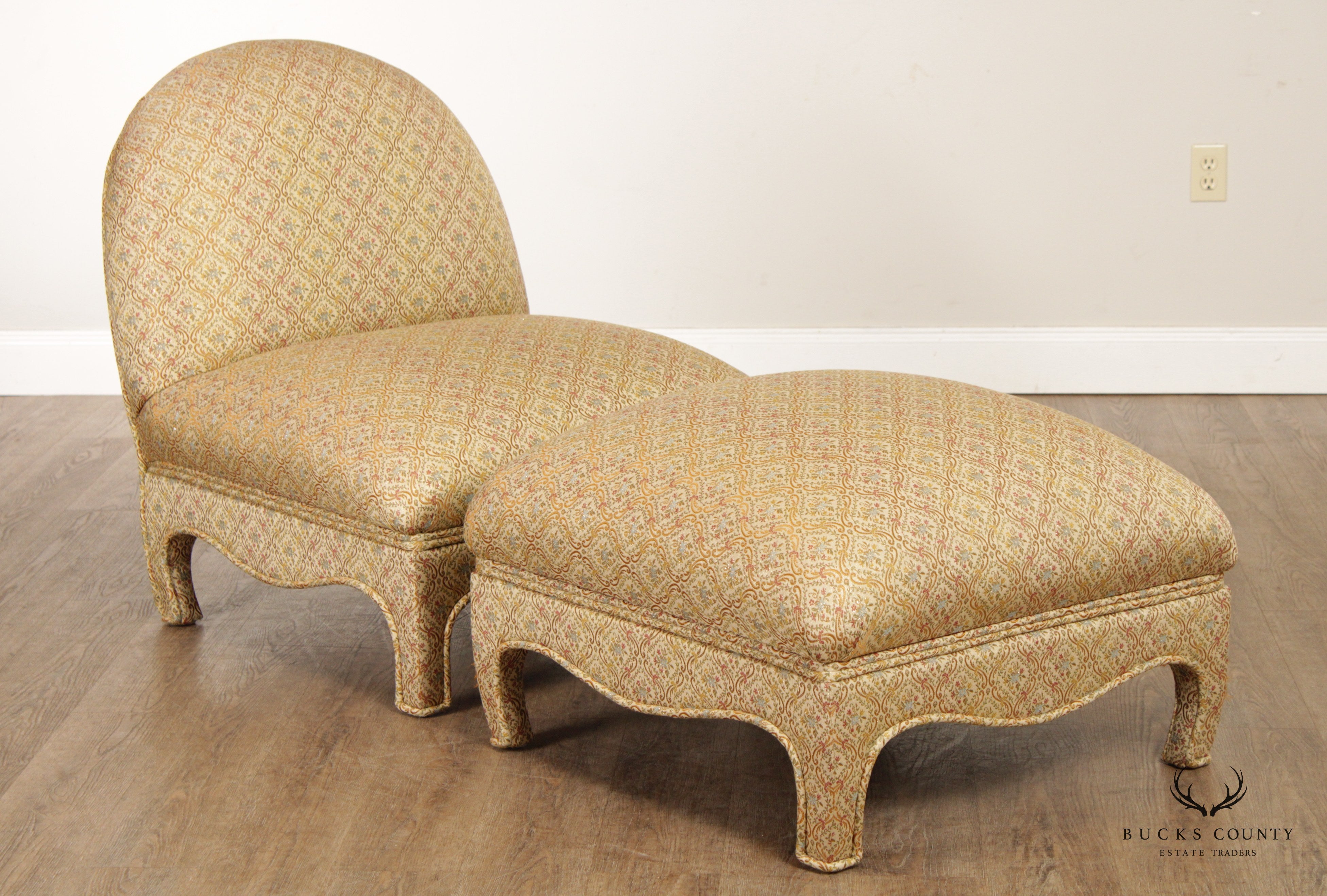 Hollywood Regency Style Custom Upholstered Chair and Ottoman