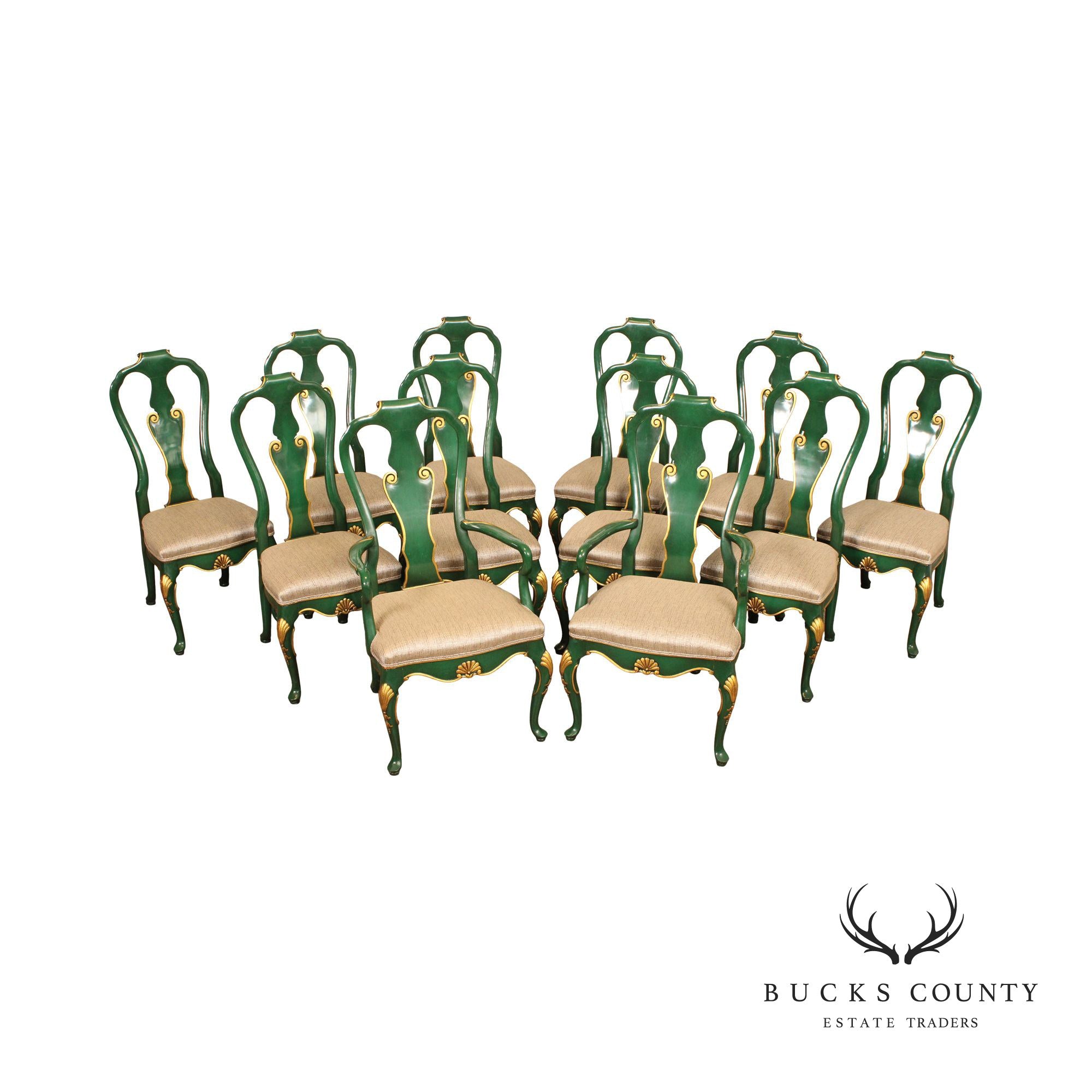 KARGES ROCOCO STYLE GREEN AND GOLD SET OF 12 DINING CHAIRS