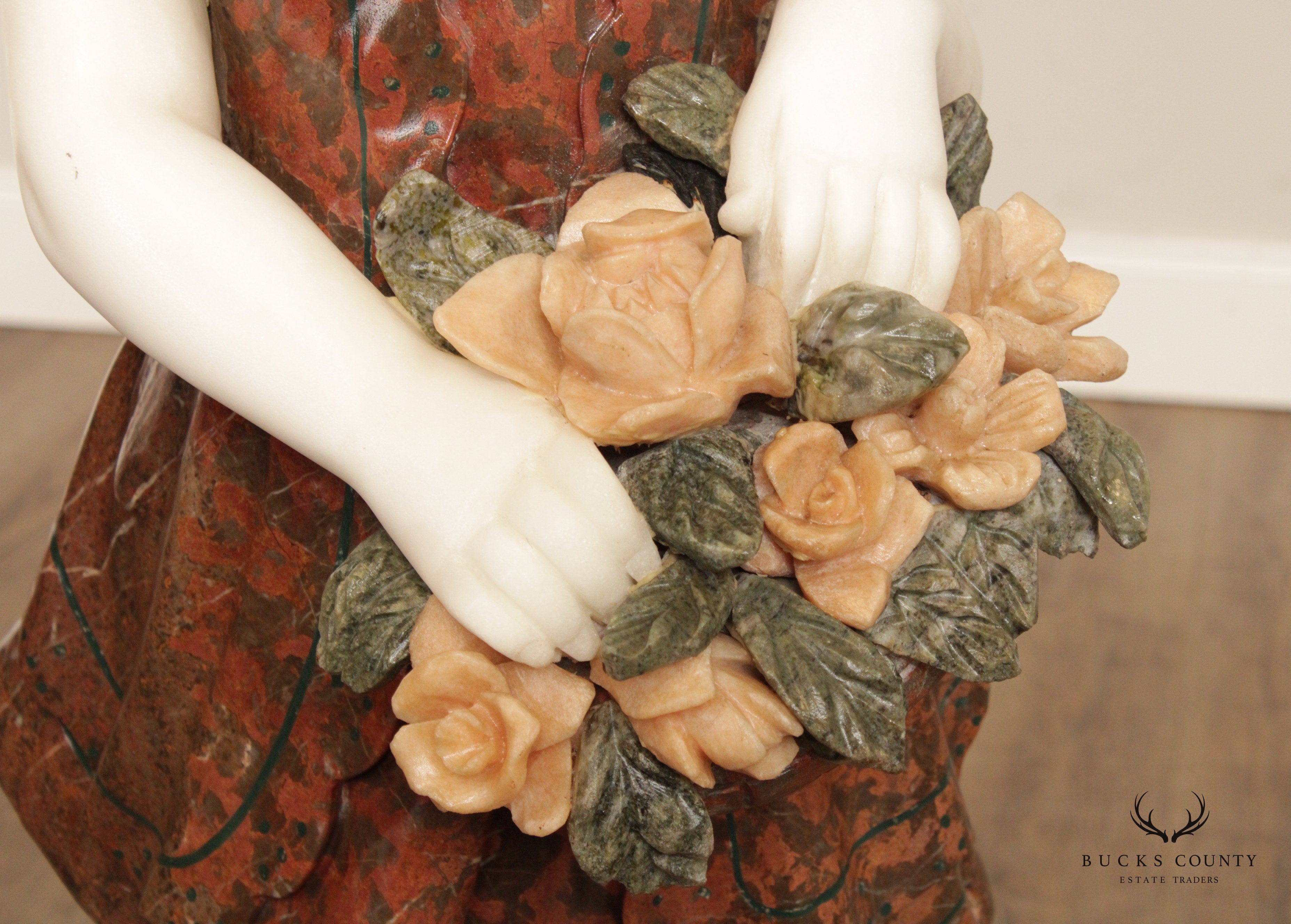 Figural Girl with Flowers Carved Marble Life-Size Statue