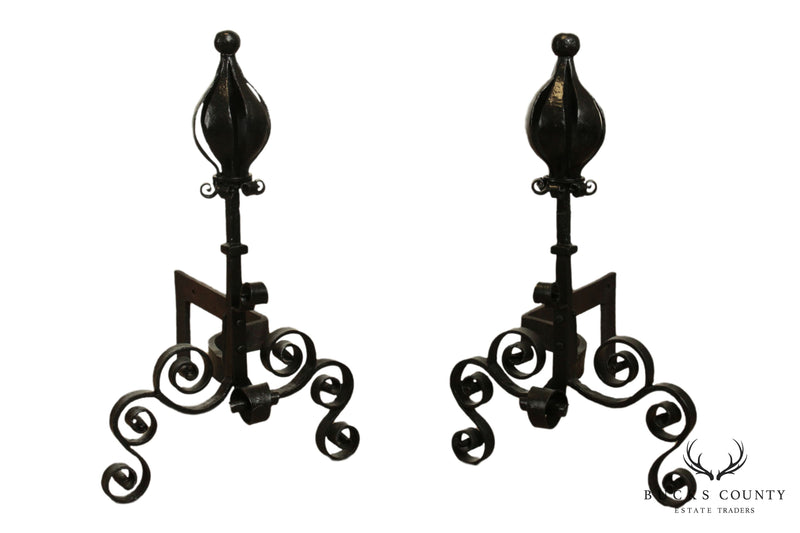 Quality Hand Forged Pair Arts and Crafts Style Andirons
