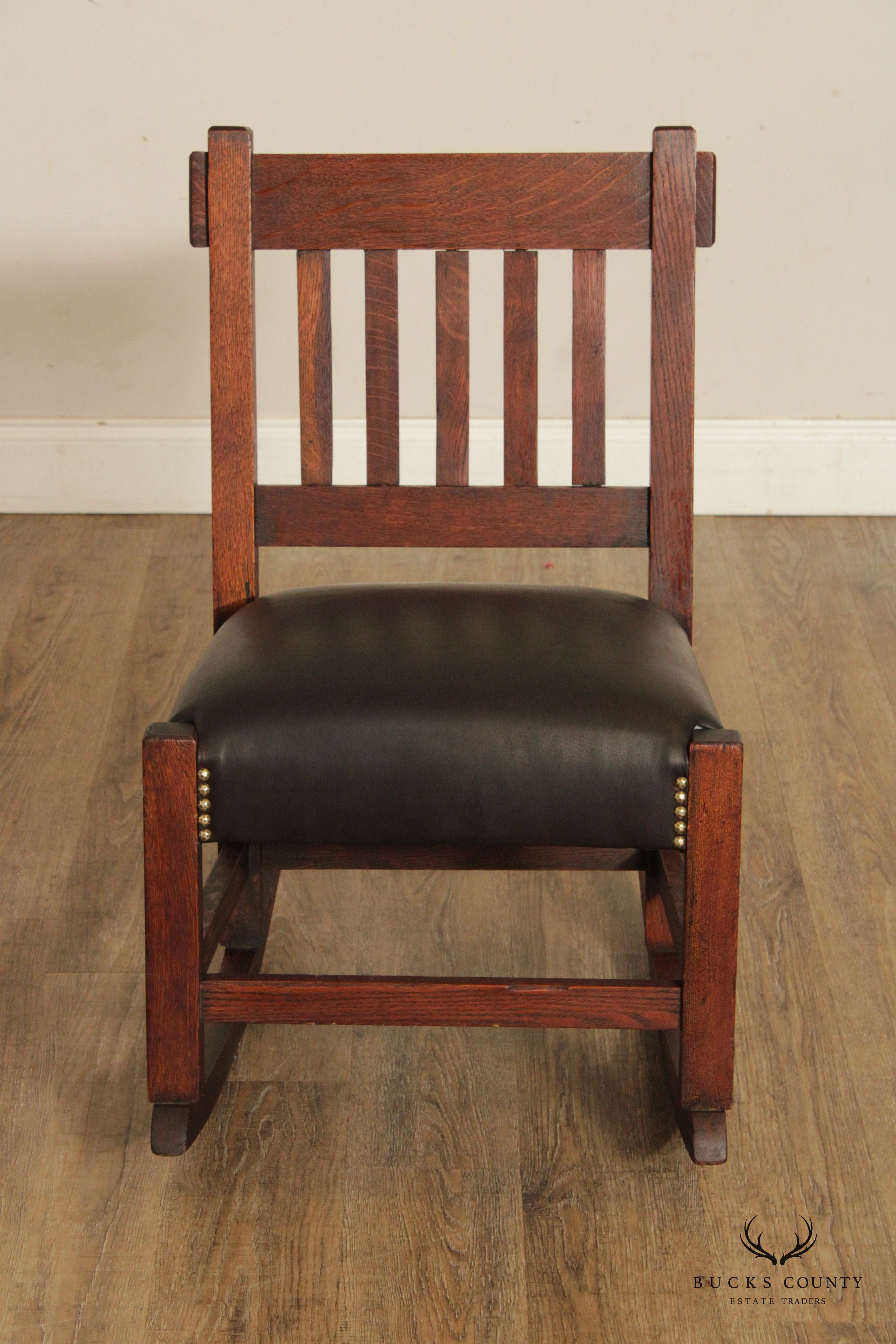 Antique Mission Oak And Leather Armless Rocker