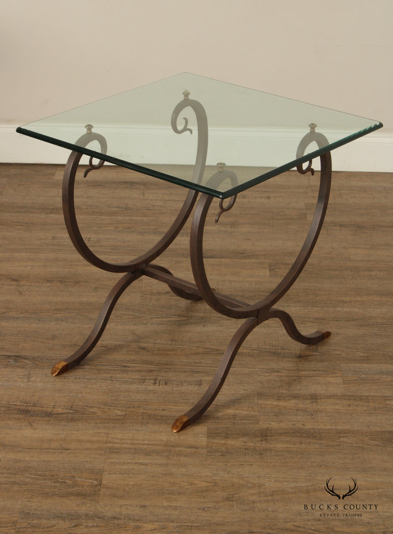 Neoclassical Style Wrought Iron Glass Top Side Table