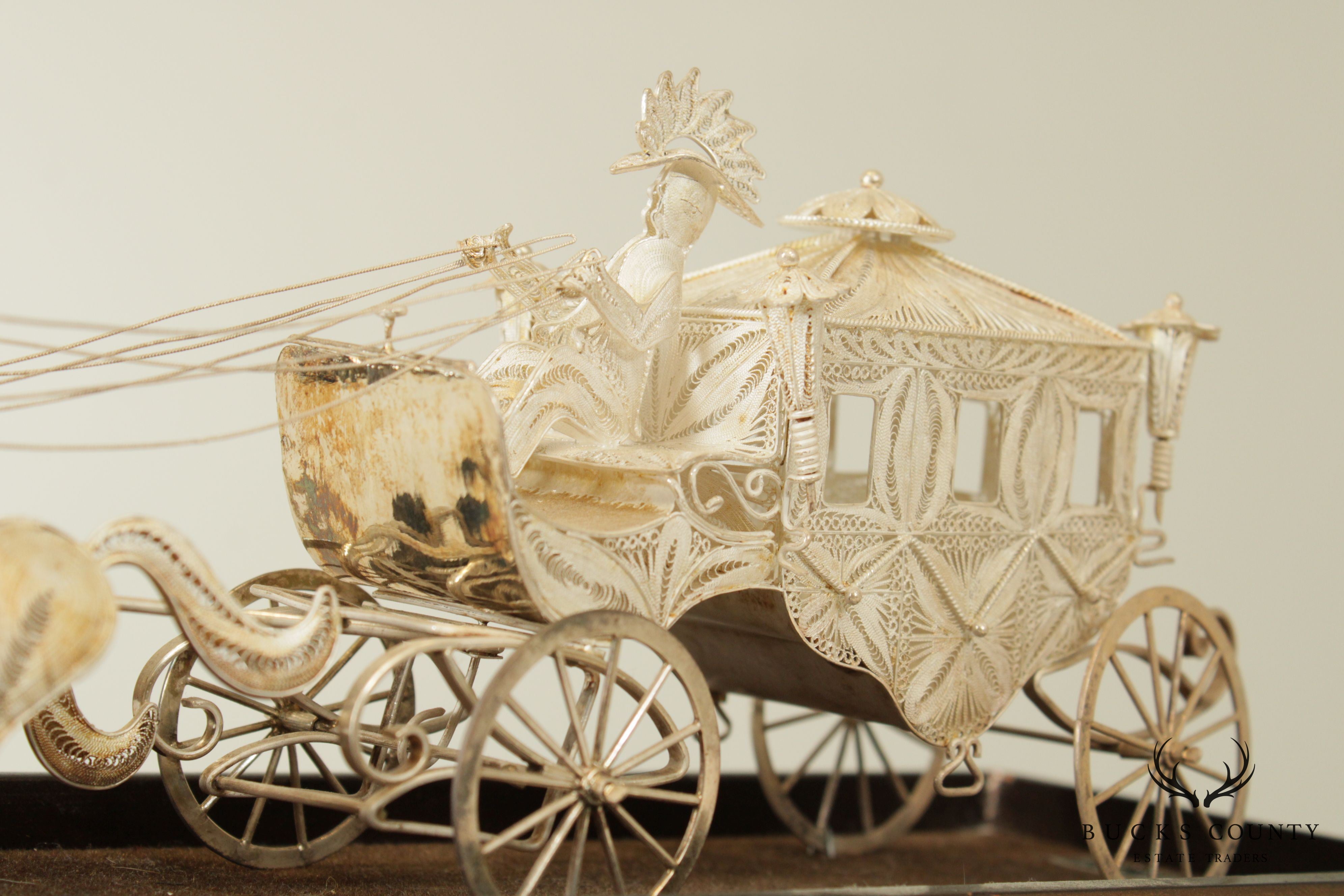 Sterling Silver Wire & Filigree Carriage with Driver and Four Horses, Carved Wood Base