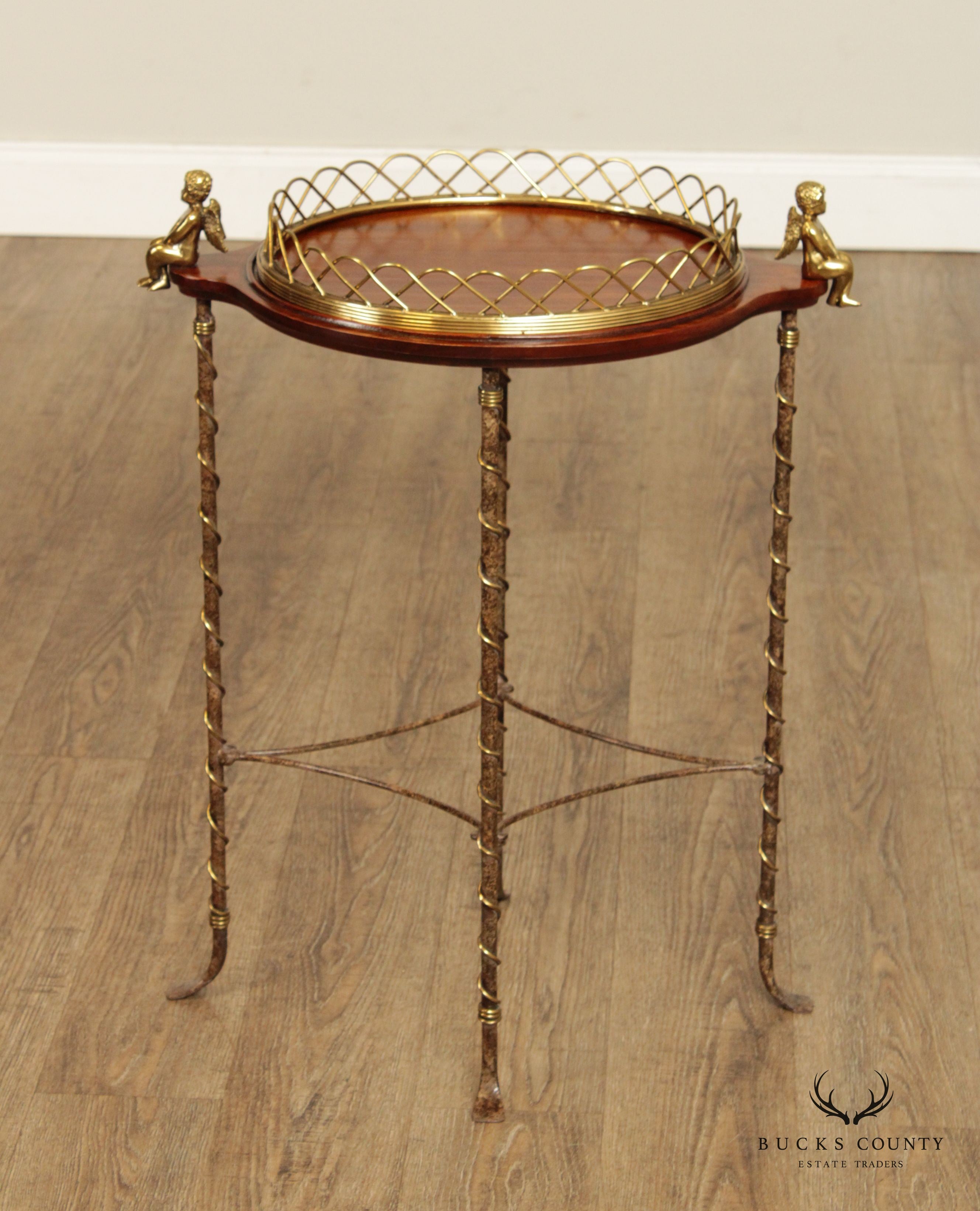 LaBarge Regency Style Mahogany and Brass Cherub Oval Plant Stand