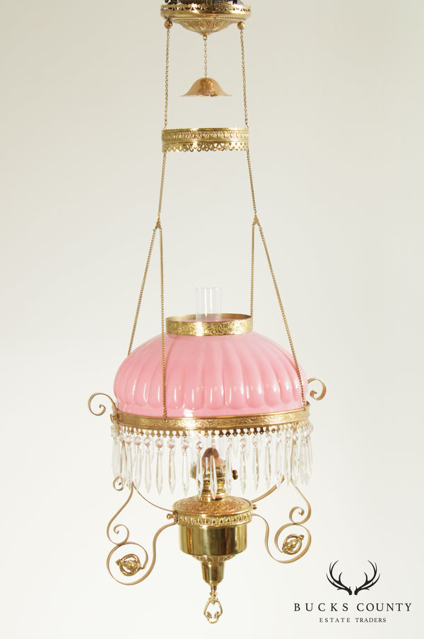 Rochester Antique Victorian Brass Hanging Oil Lamp Chandelier, Pink Glass Shade