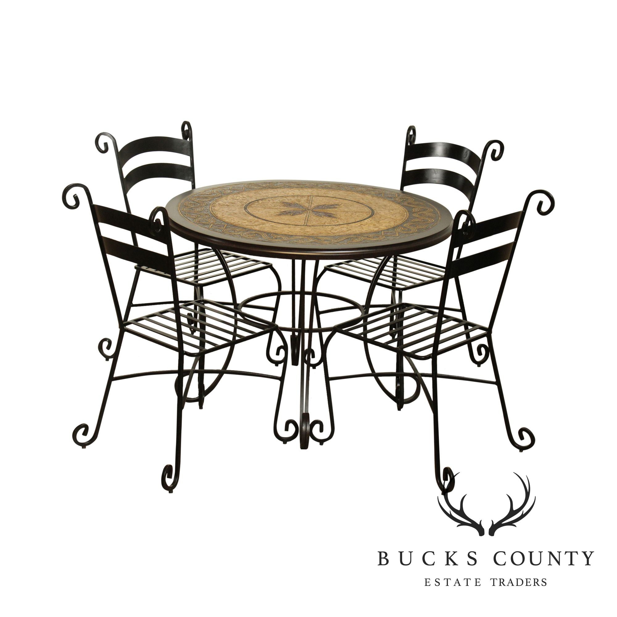 Quality Wrought Iron Five Piece Dining Bistro Set, Round Table & 4 Chairs