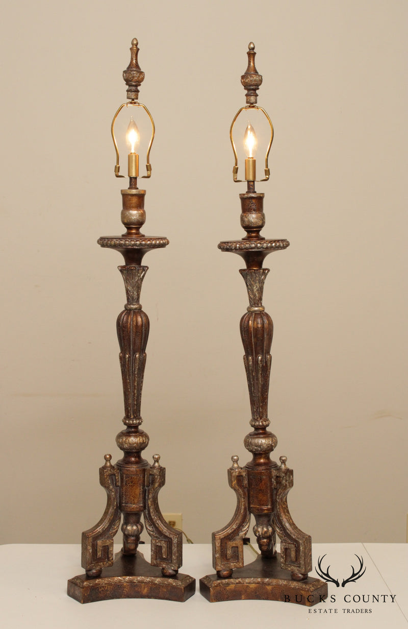 Tall Pair Neo Classical Style Polychrome Decorated Table Lamps