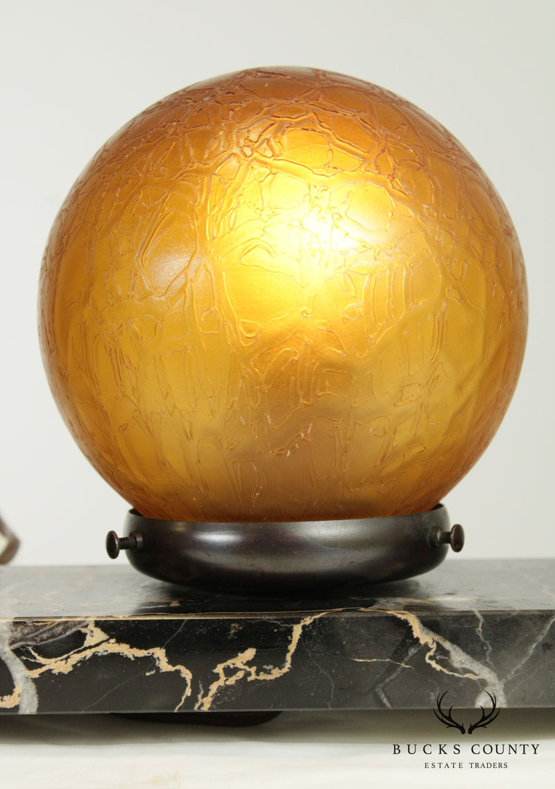 Art Deco Vintage Figural Lamp, Amber Glass Globe, Marble Base