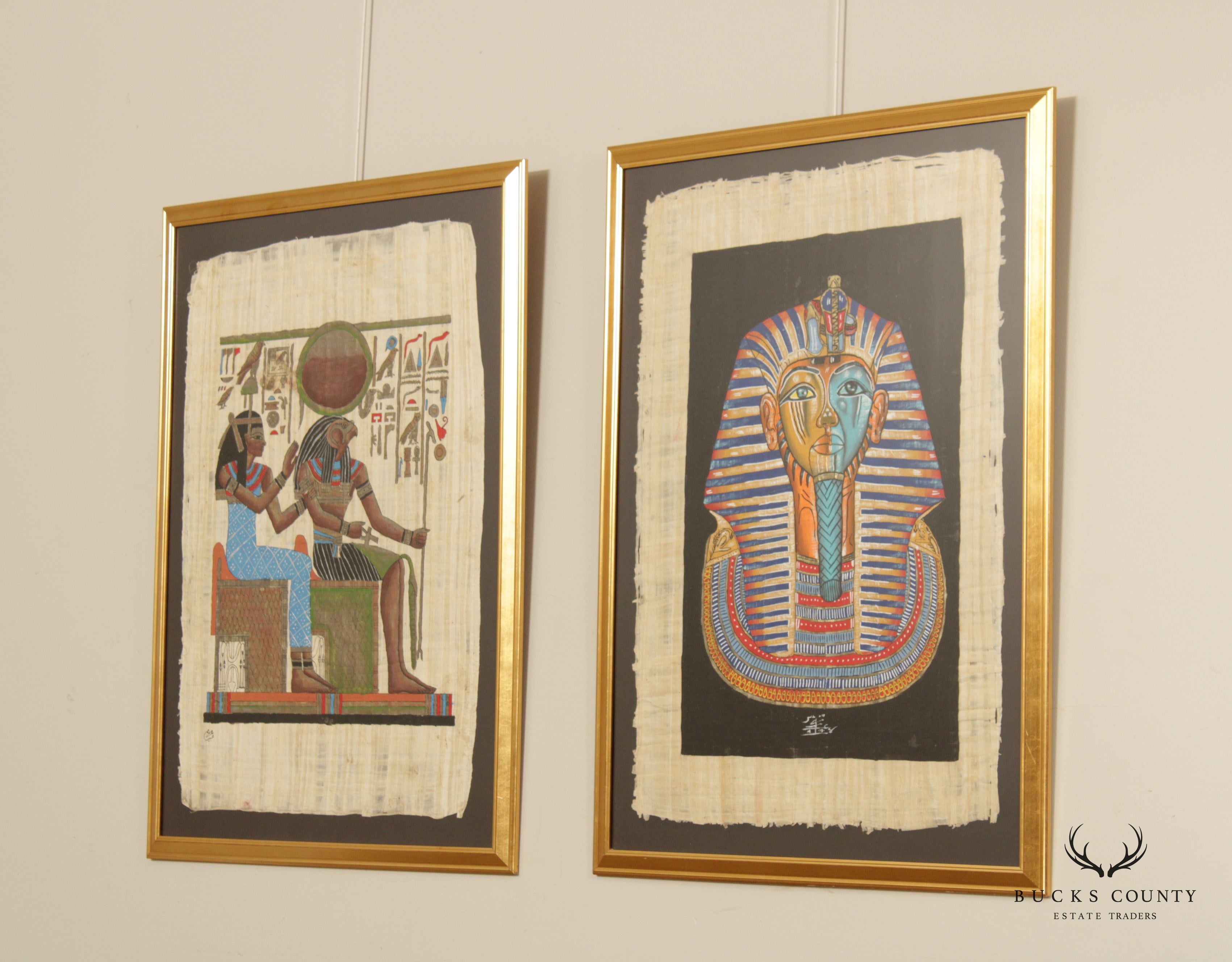 Vintage Pair Egyptian Paintings on Papyrus, Custom Framed