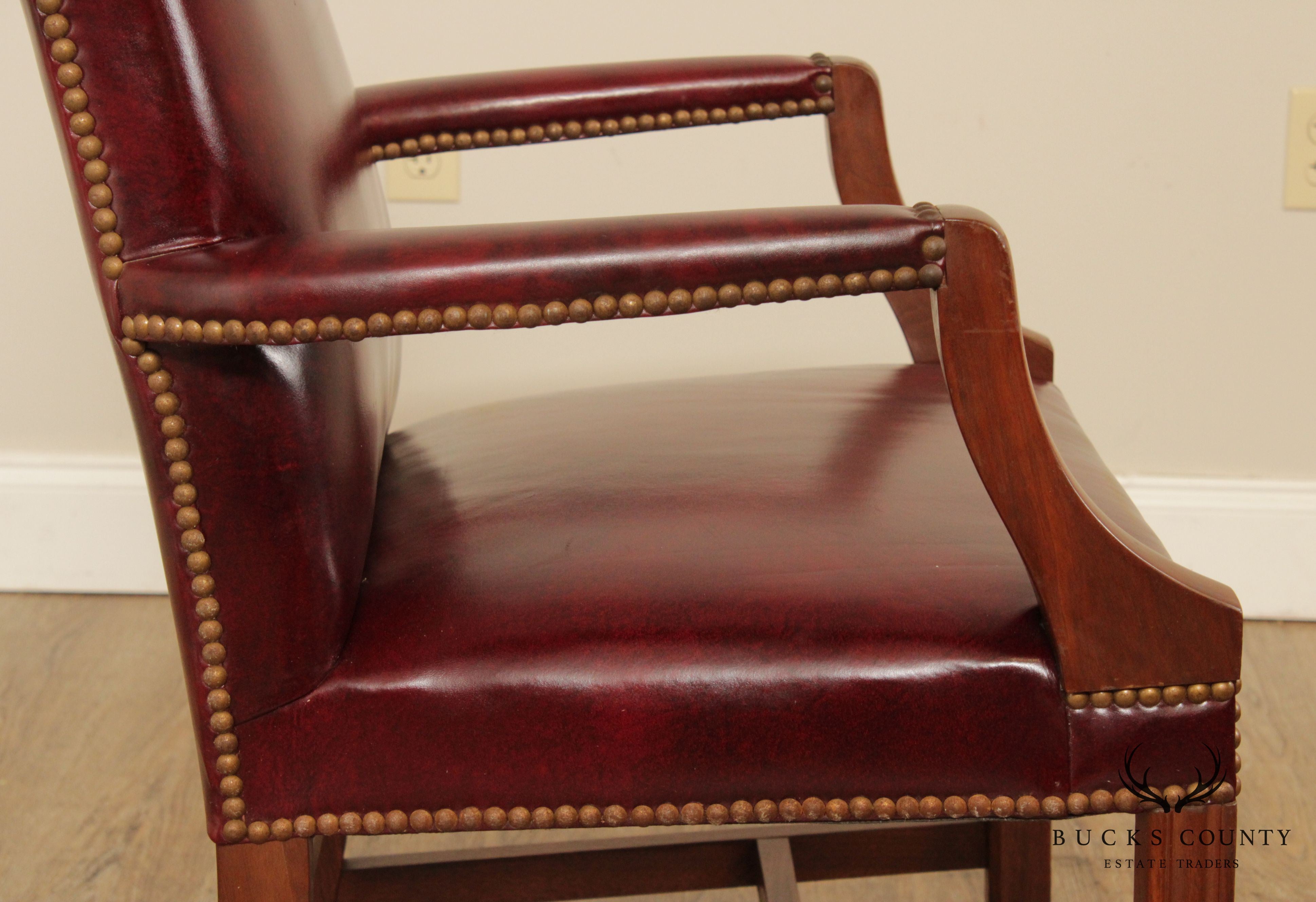 Chippendale Style Pair Mahogany Oxblood Leather Library Armchairs