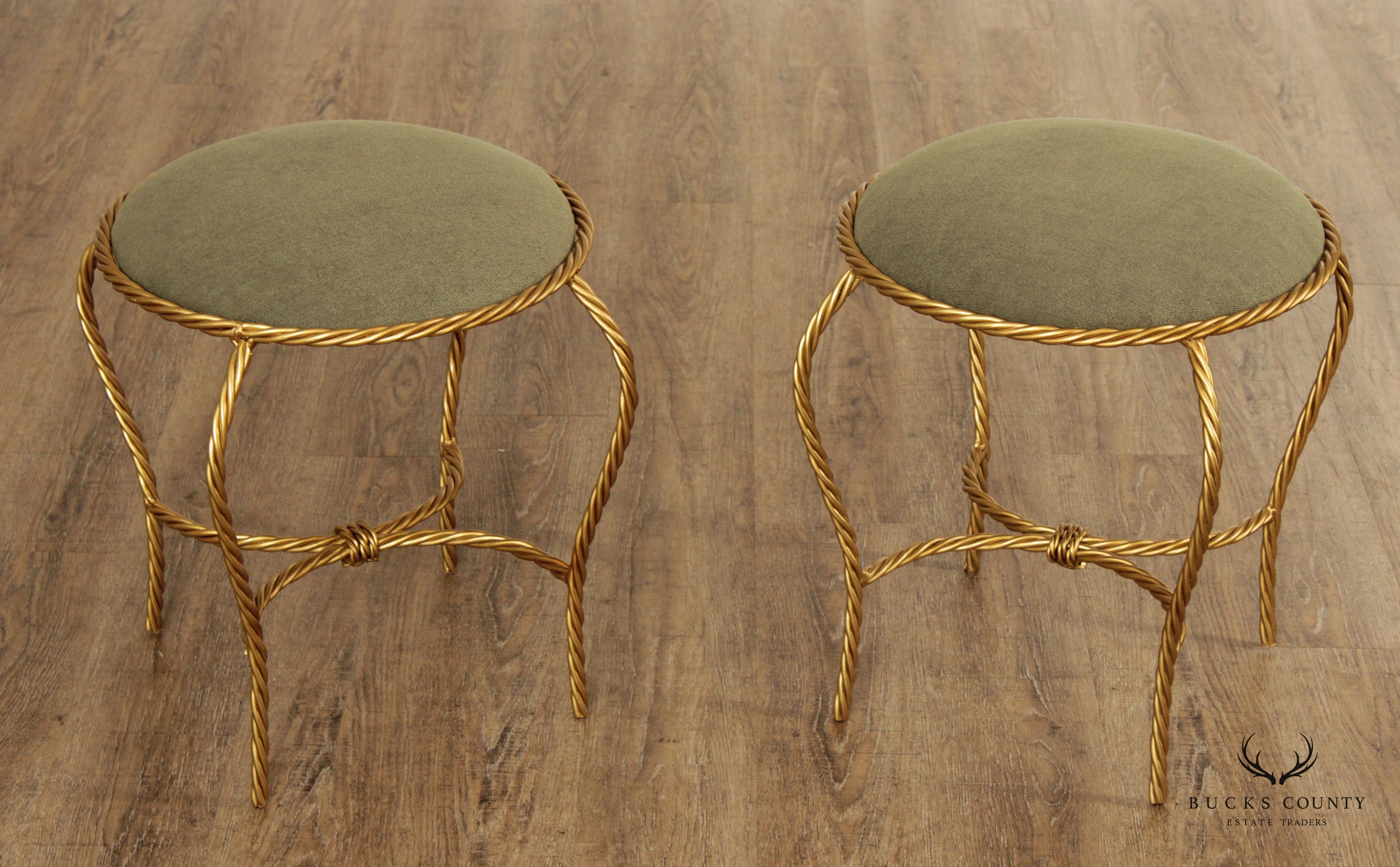 Italian Hollywood Regency Pair Gilt Rope Twist Stools