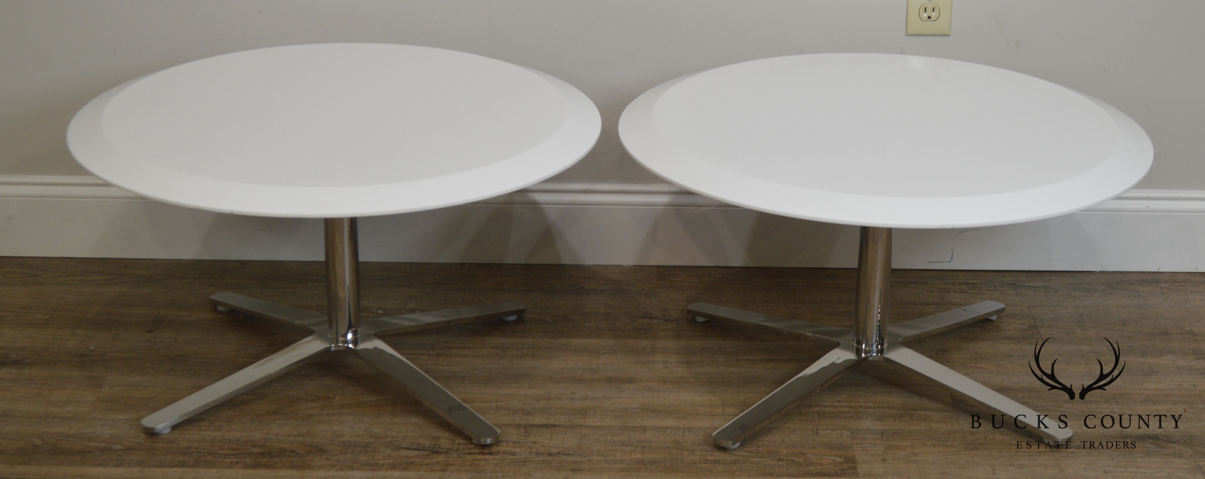 Cumberland Mid-Century Modern Style pair Chrome Pedestal Base Round White Tables