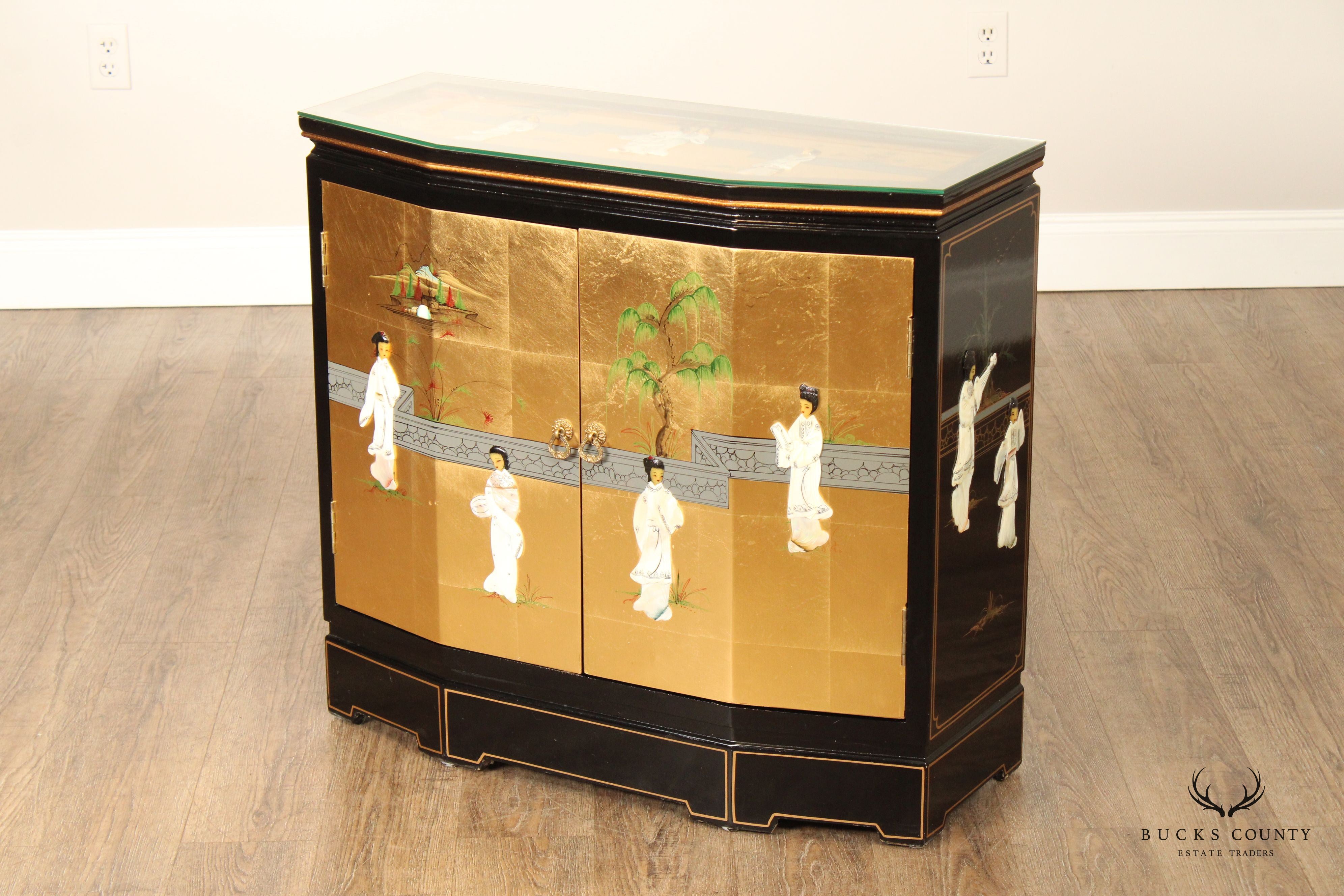 Chinoiserie Decorated Black and Gold Lacquer Glass Top Console Cabinet