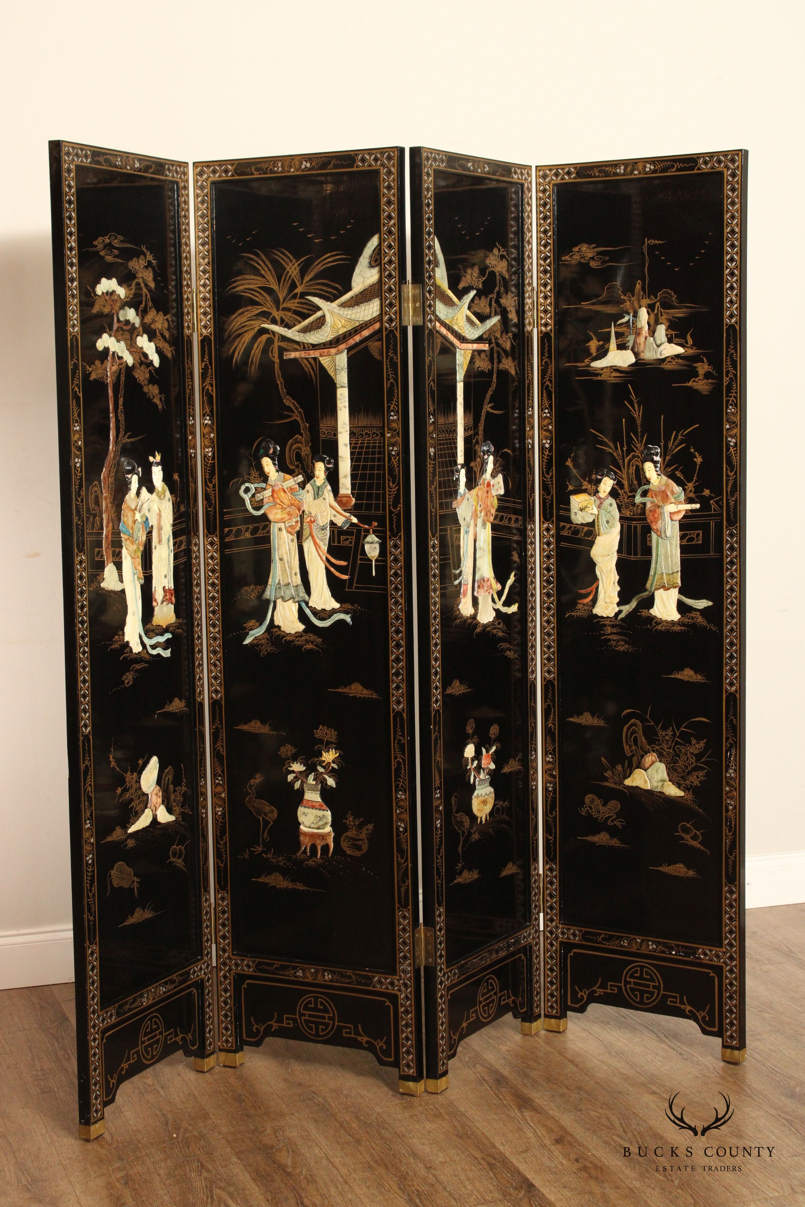 Asian Decorated Black Lacquer Four-Panel Folding Screen