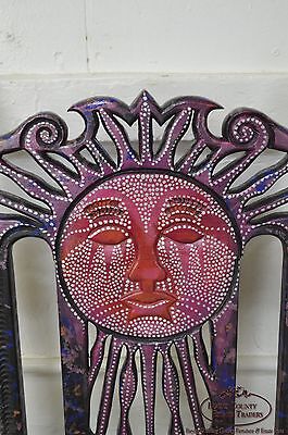 Custom Pair of Hand Painted Mexican Sun Gods Carved Rush Seat Arm Chairs