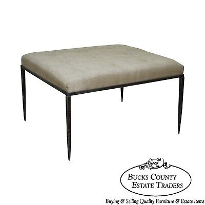 Custom Wrought Iron Large Square Tufted Upholstered Ottoman