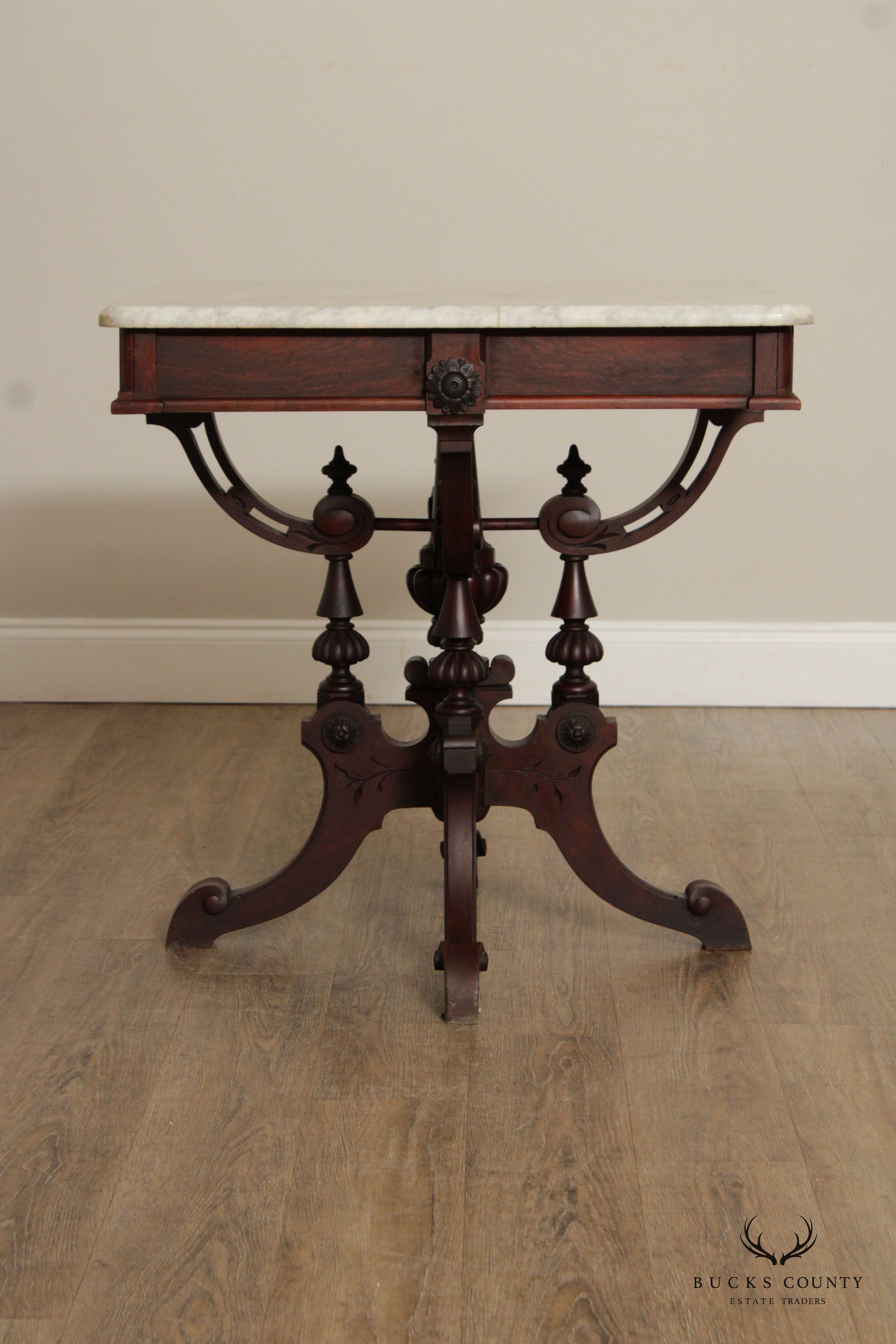 Victorian Eastlake Antique Marble Top Walnut Parlor Table