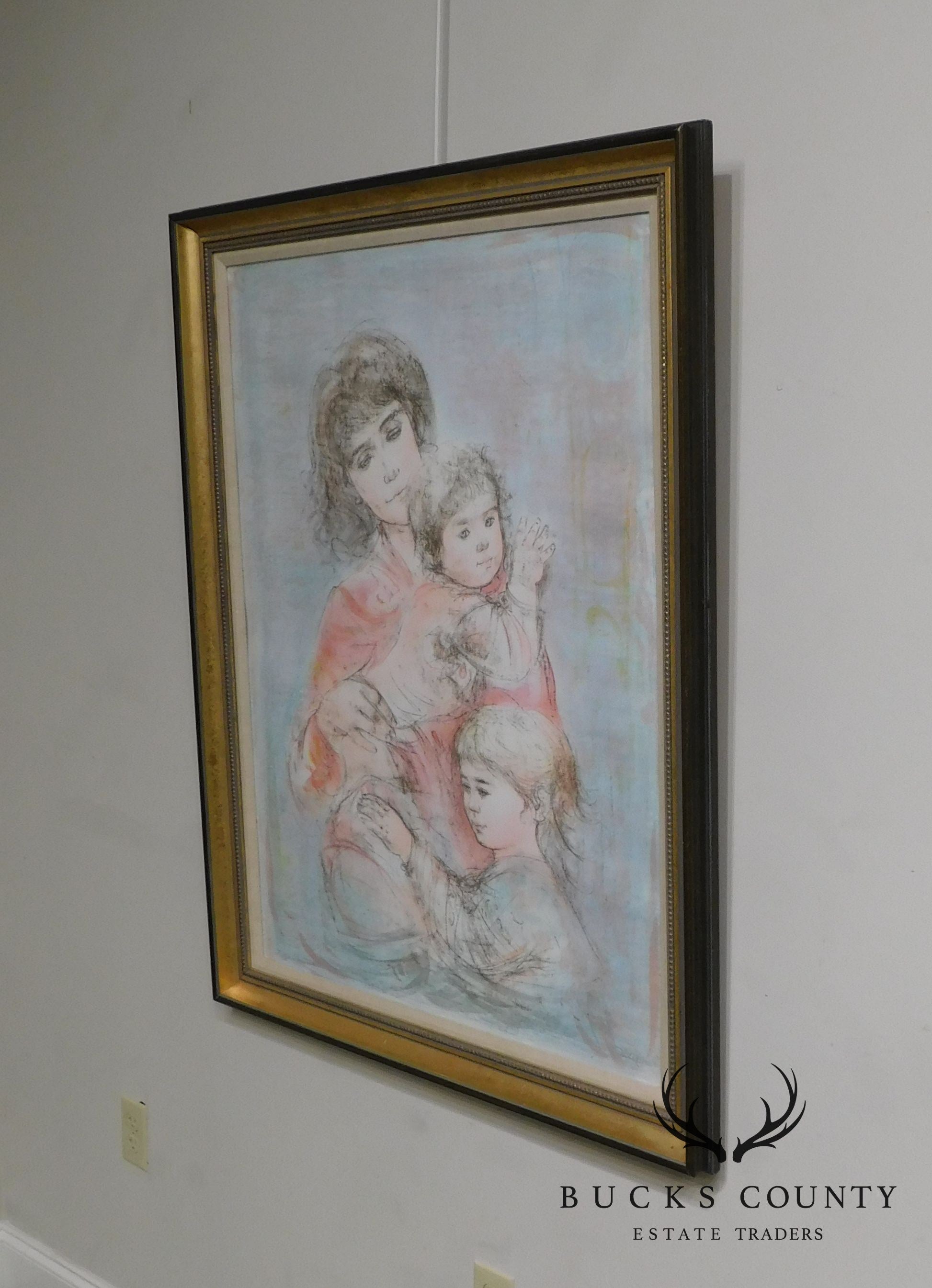 Edna Hibel Signed Framed Limited Edition Color Lithograph "Mother and Two Children" # 155/295