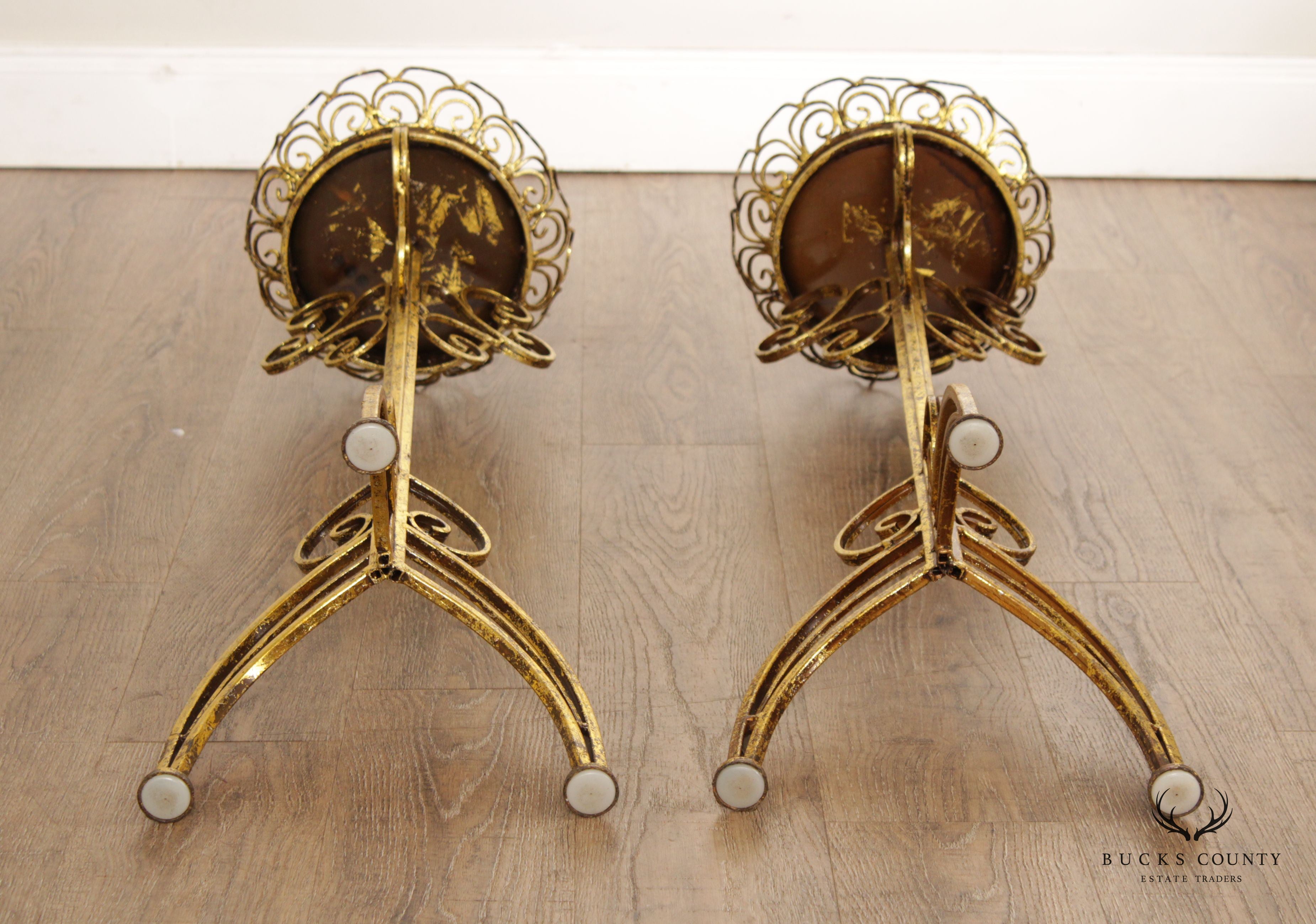 Hollywood Regency Pair Gilt Metal Scroll Candle Stands