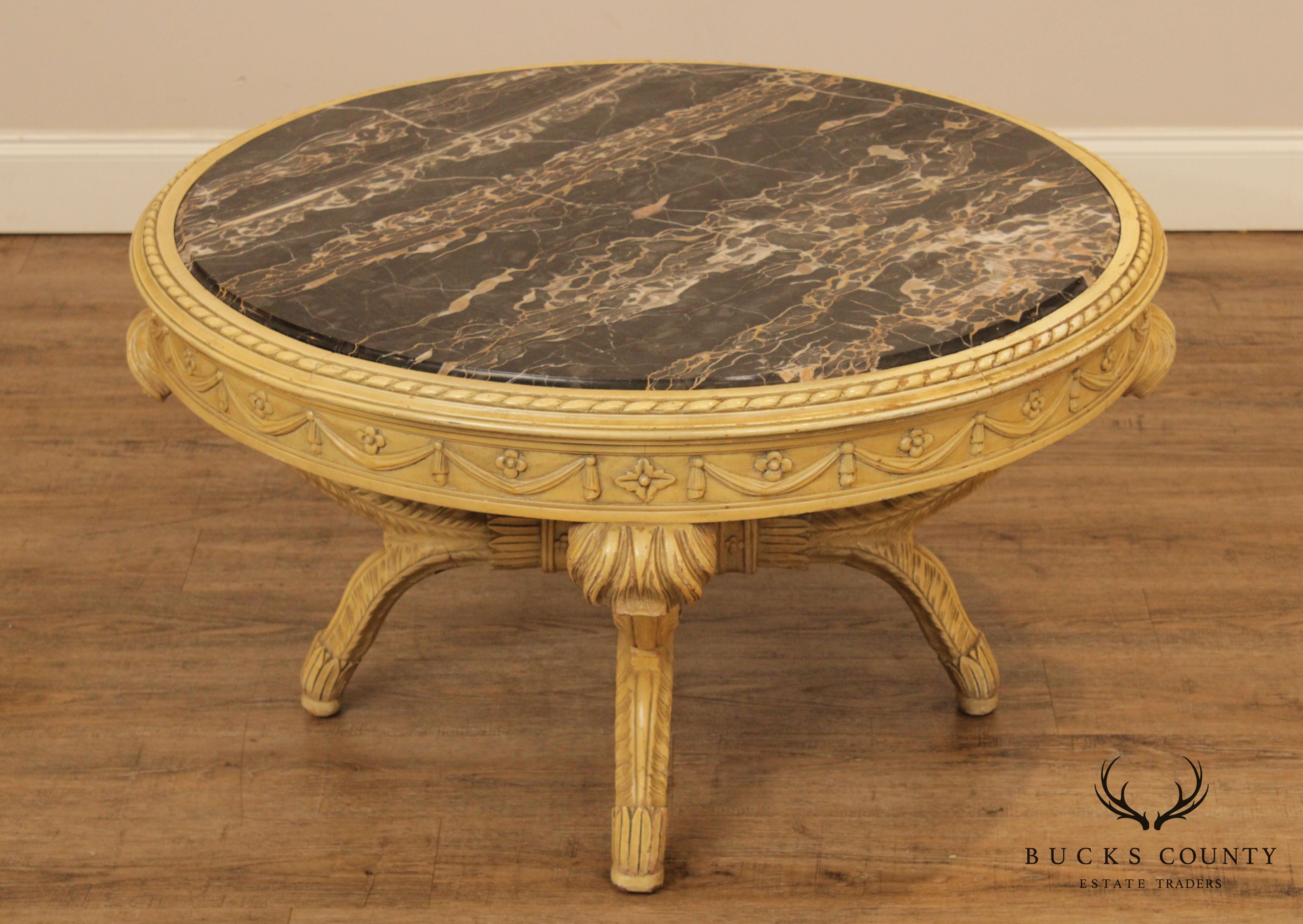 French Regency Style Vintage 1940 Round Marble Top Painted Coffee Table