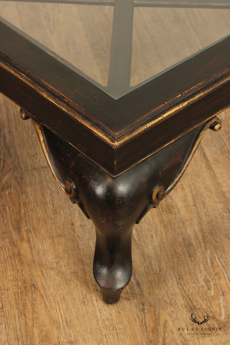 French Louis XV Style Ebonized Wood Glass Top Coffee Table