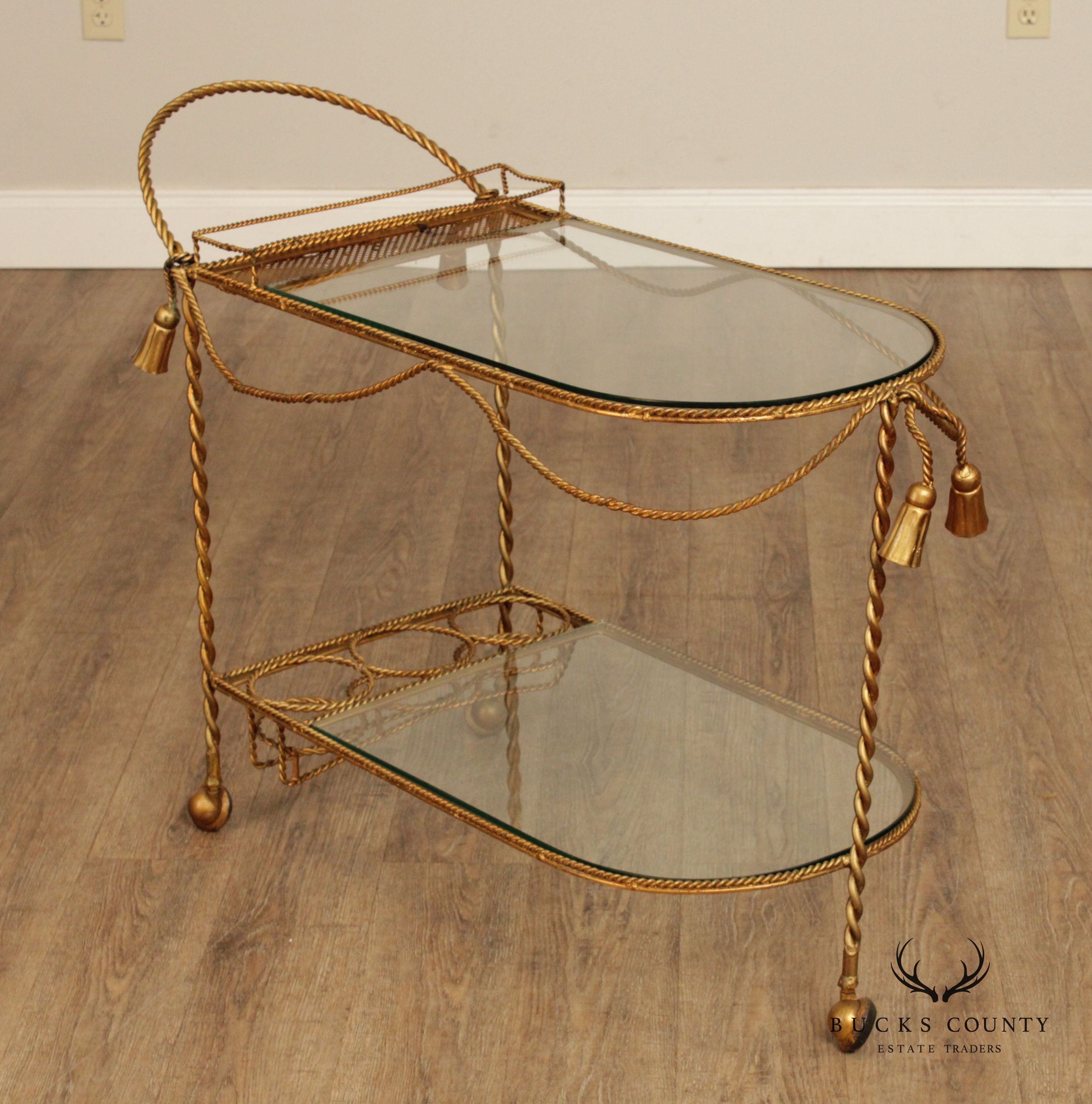 Italian Hollywood Regency Gilt Metal Tassel Bar Cart