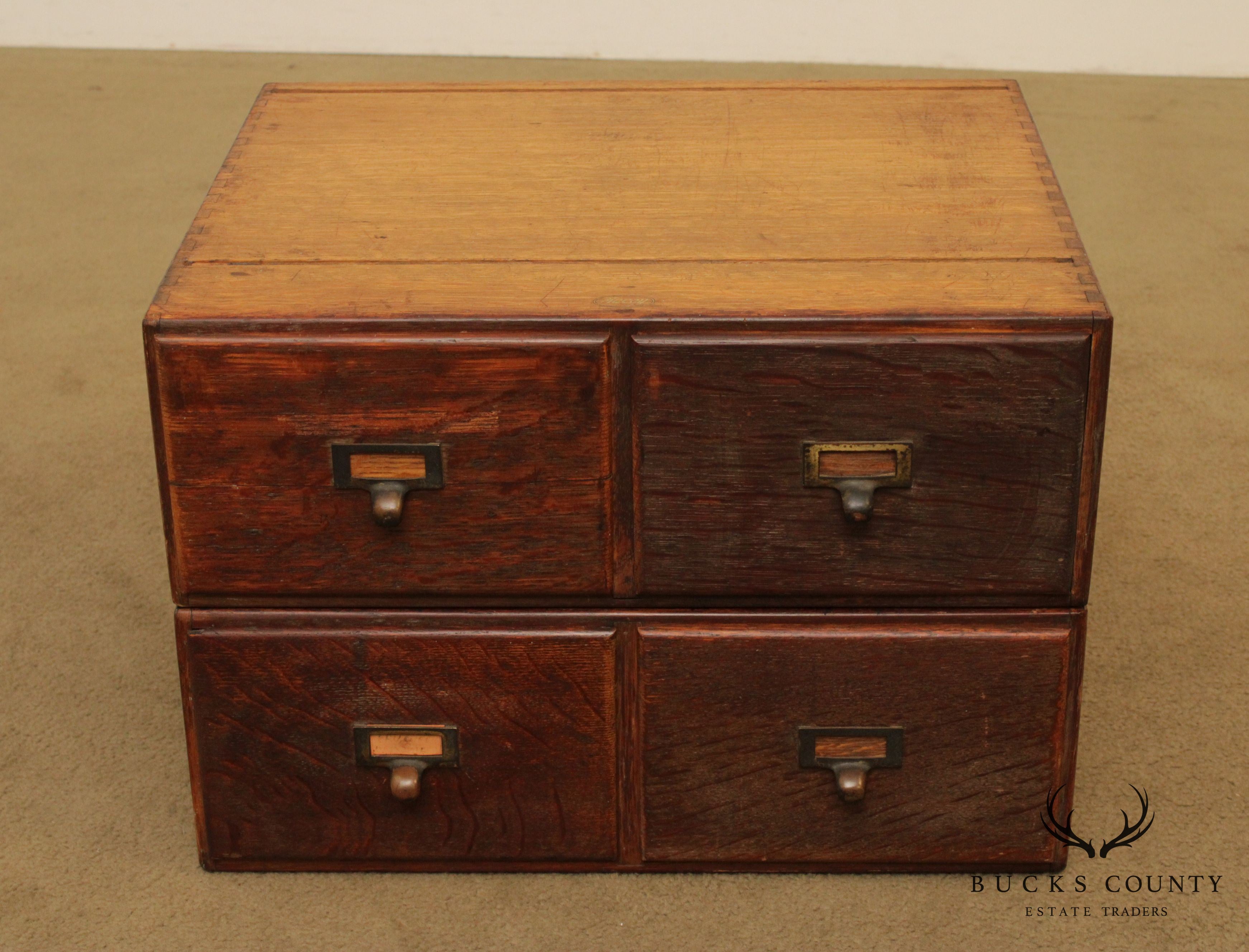 Macey Antique Oak Pair 2 Drawer Modular Card File Cabinets