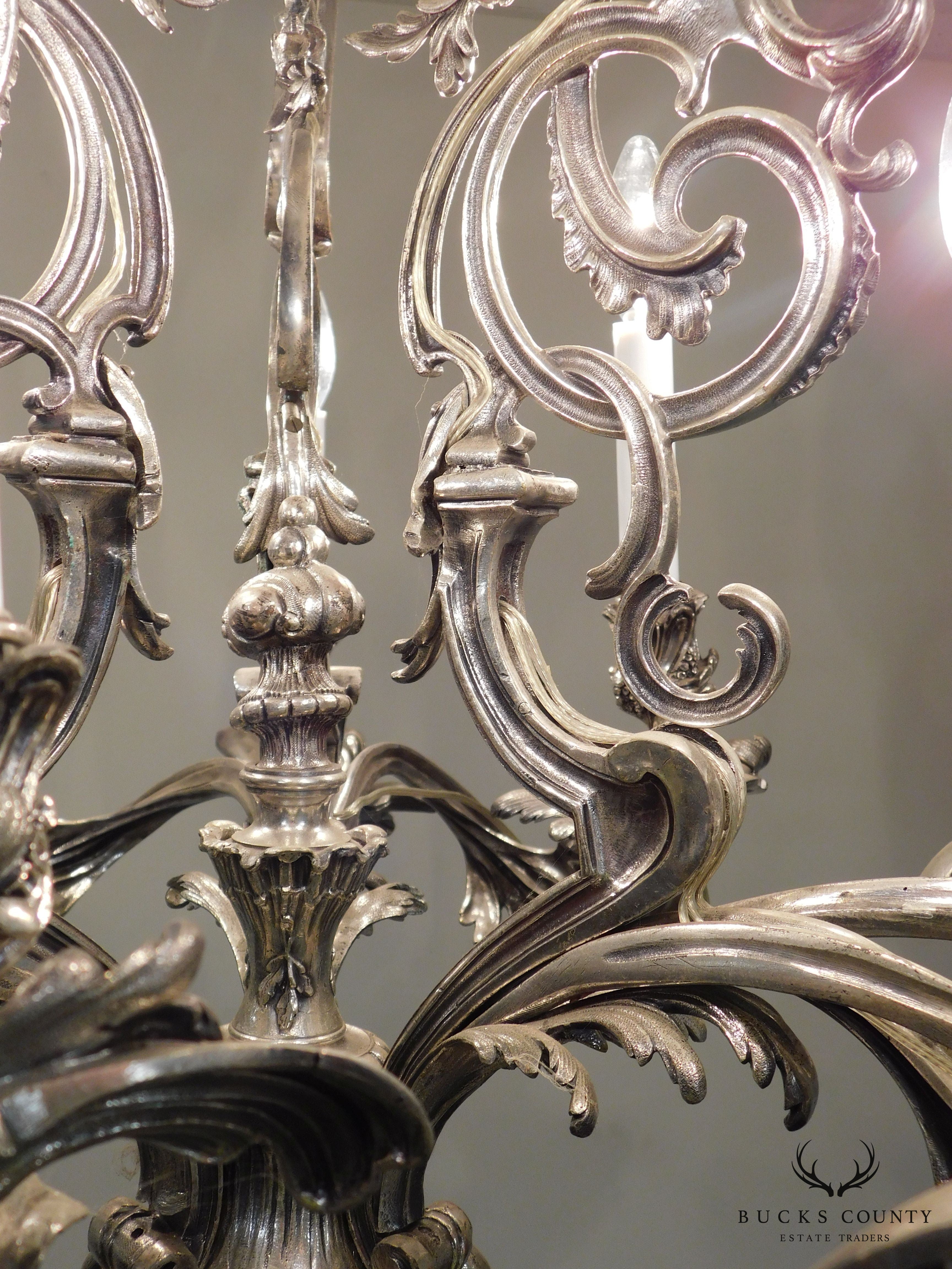 Ten Light Baroque Chandelier Antiqued Silver-Metal Foliate Design