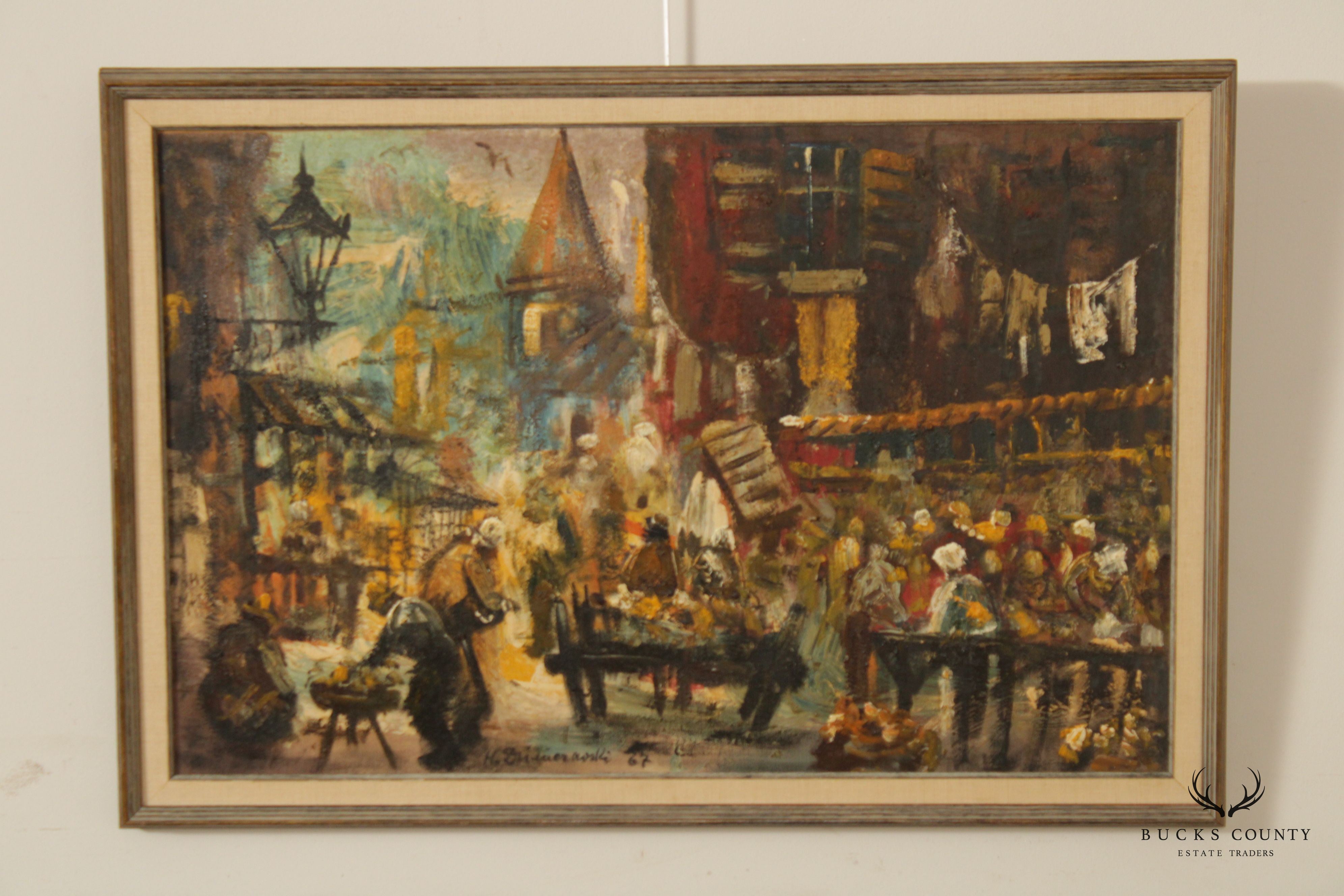 Mid 20th C. European Market Scene Original Painting, Signed