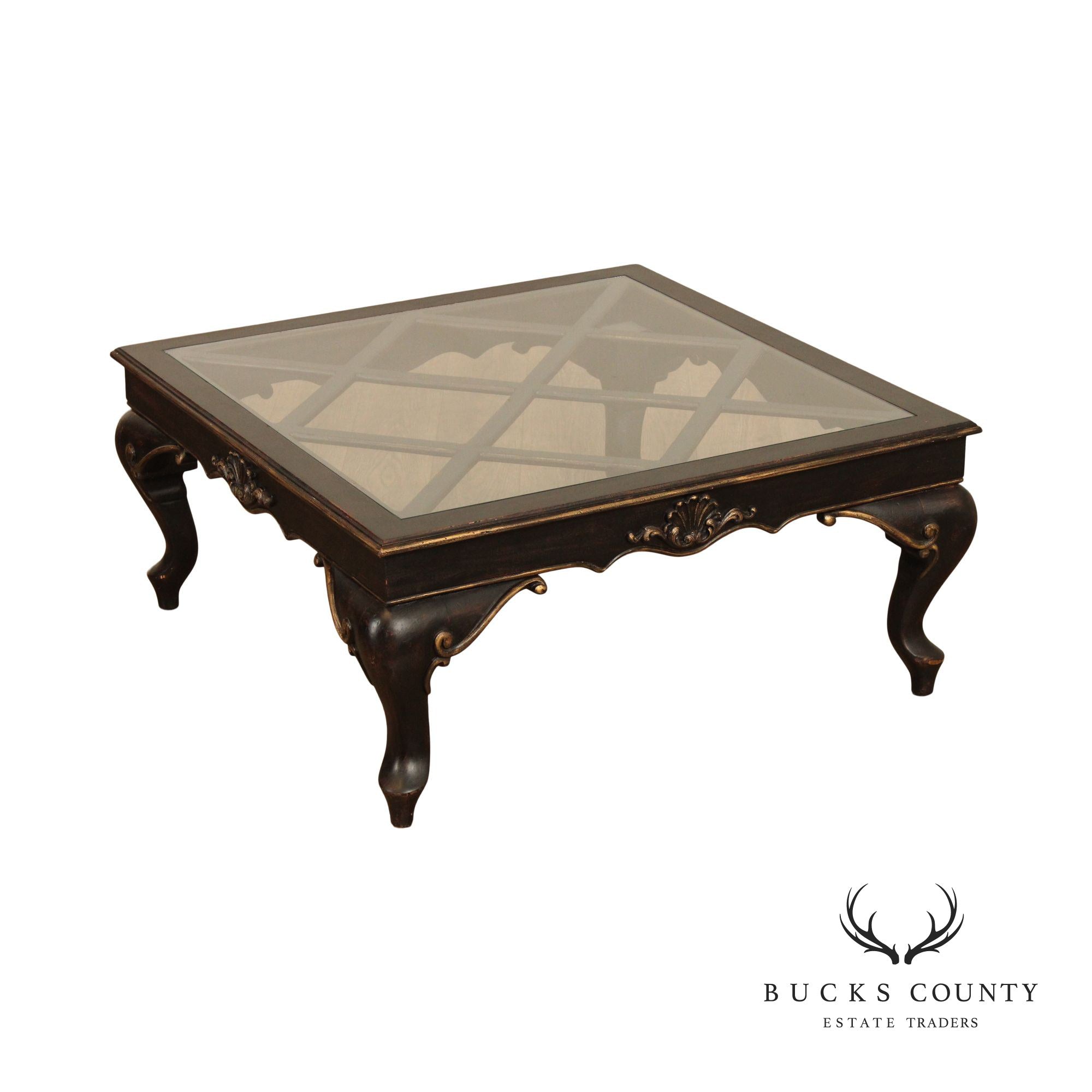 French Louis XV Style Ebonized Wood Glass Top Coffee Table