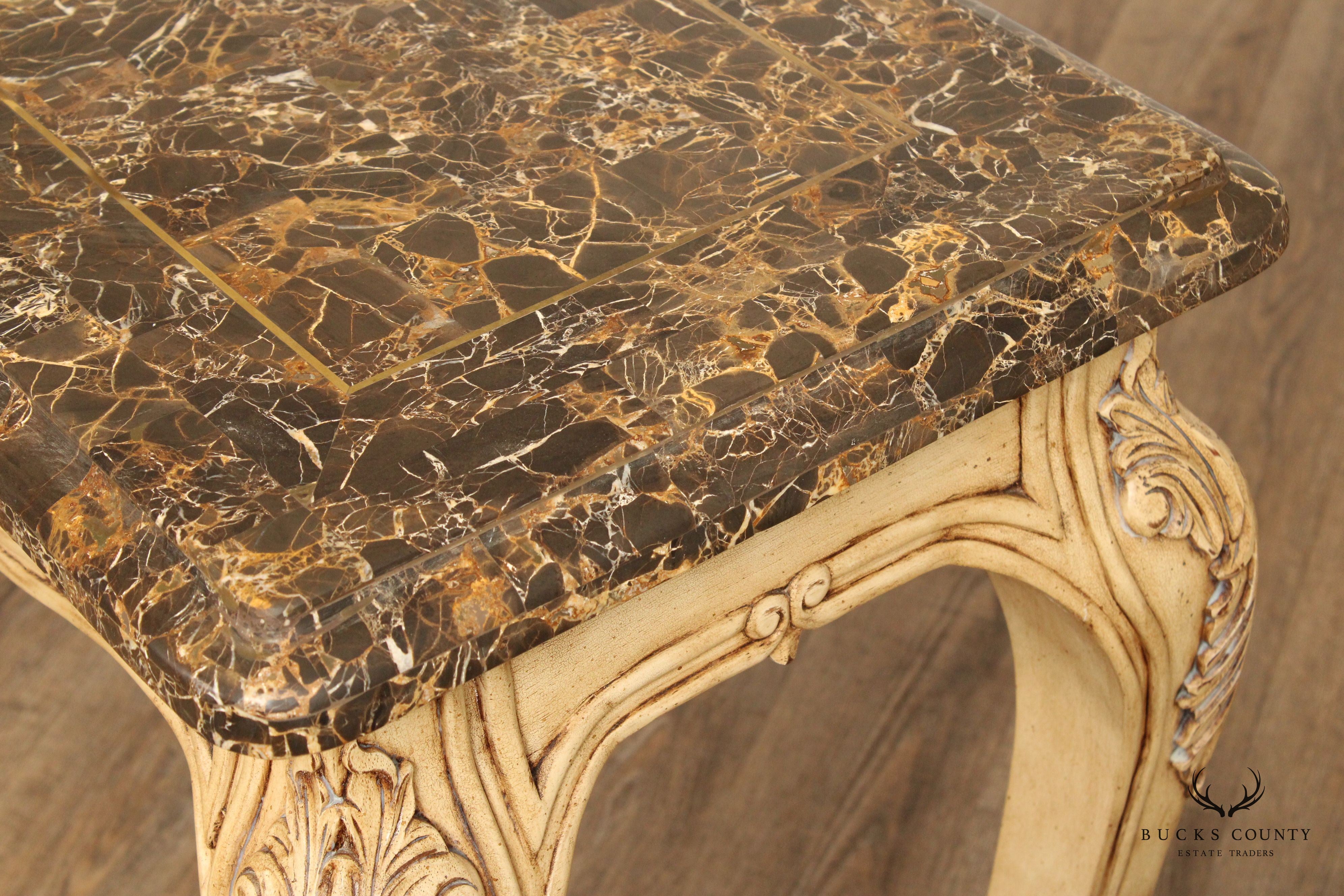 Rococo Style Carved Painted Console Table with Tessellated Marble Top