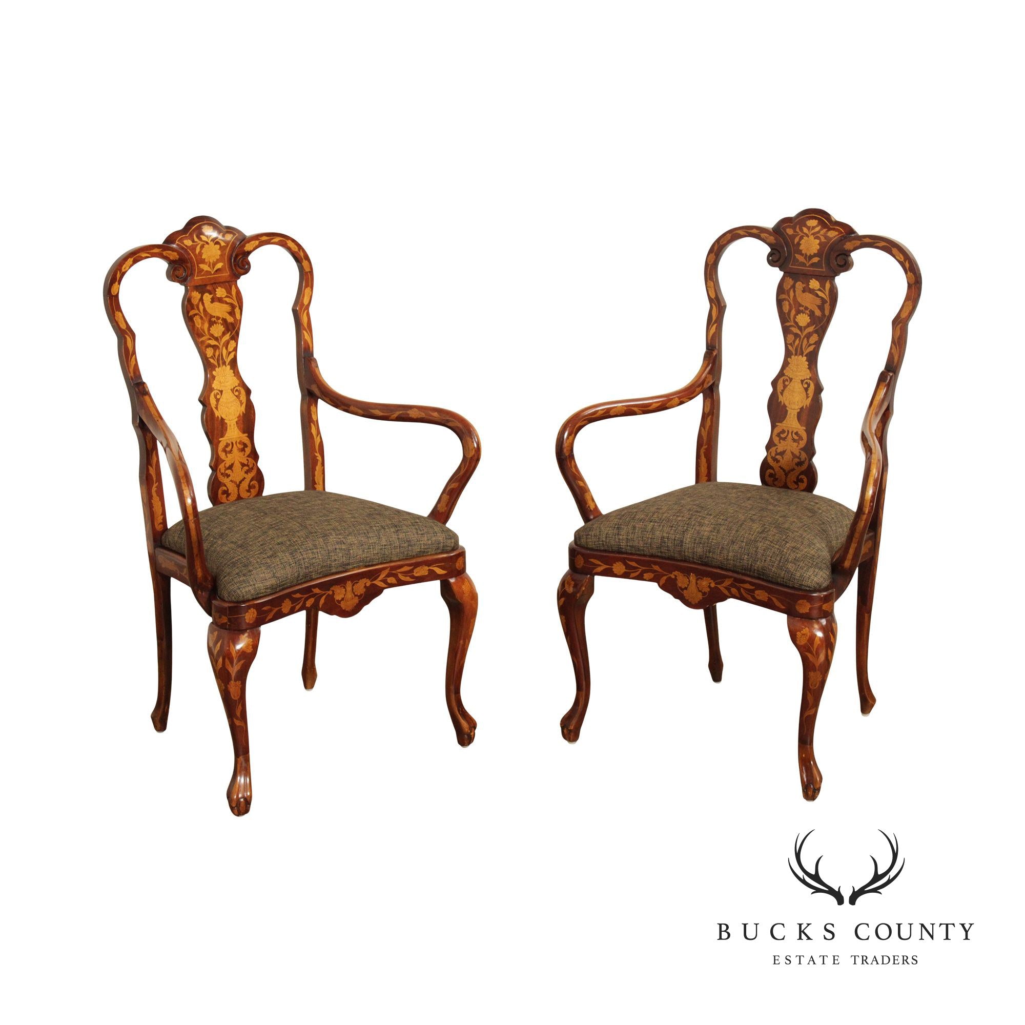 Dutch Marquery Inlaid Mahogany Pair of Armchairs