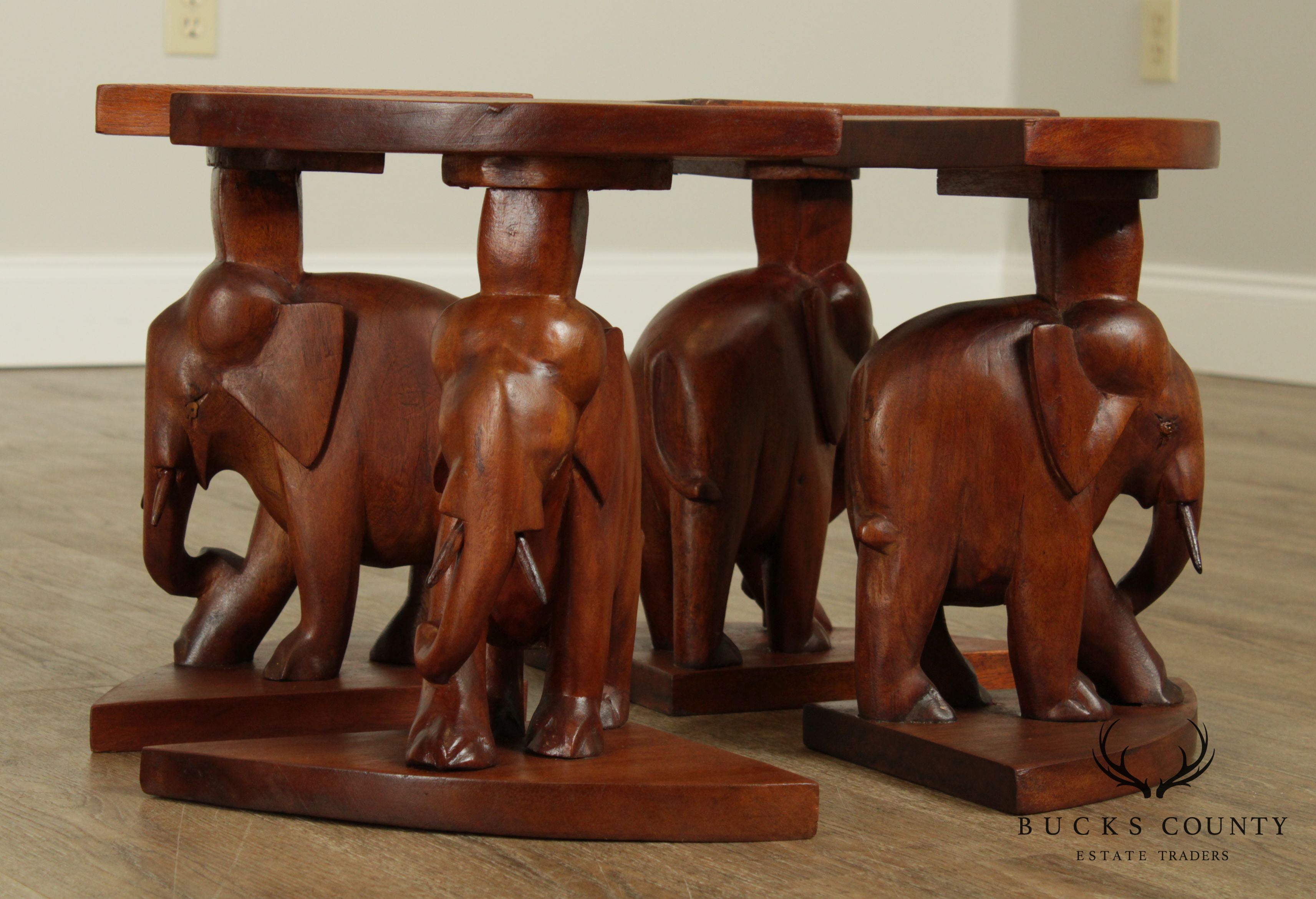 Hand Carved Wood Vintage Set of 4 Elephant Low Pedestals Tables