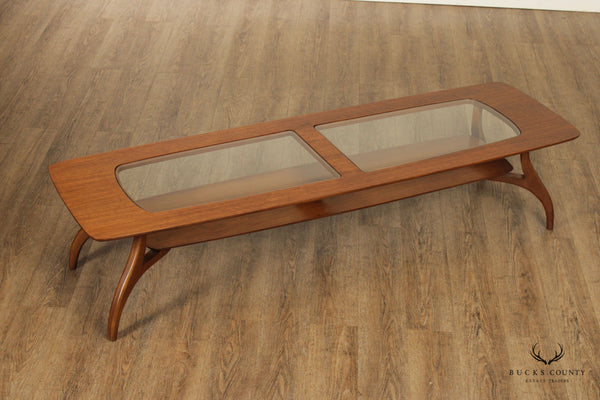 Mid Century Modern Sculpted Walnut Inset Glass Top Coffee Table