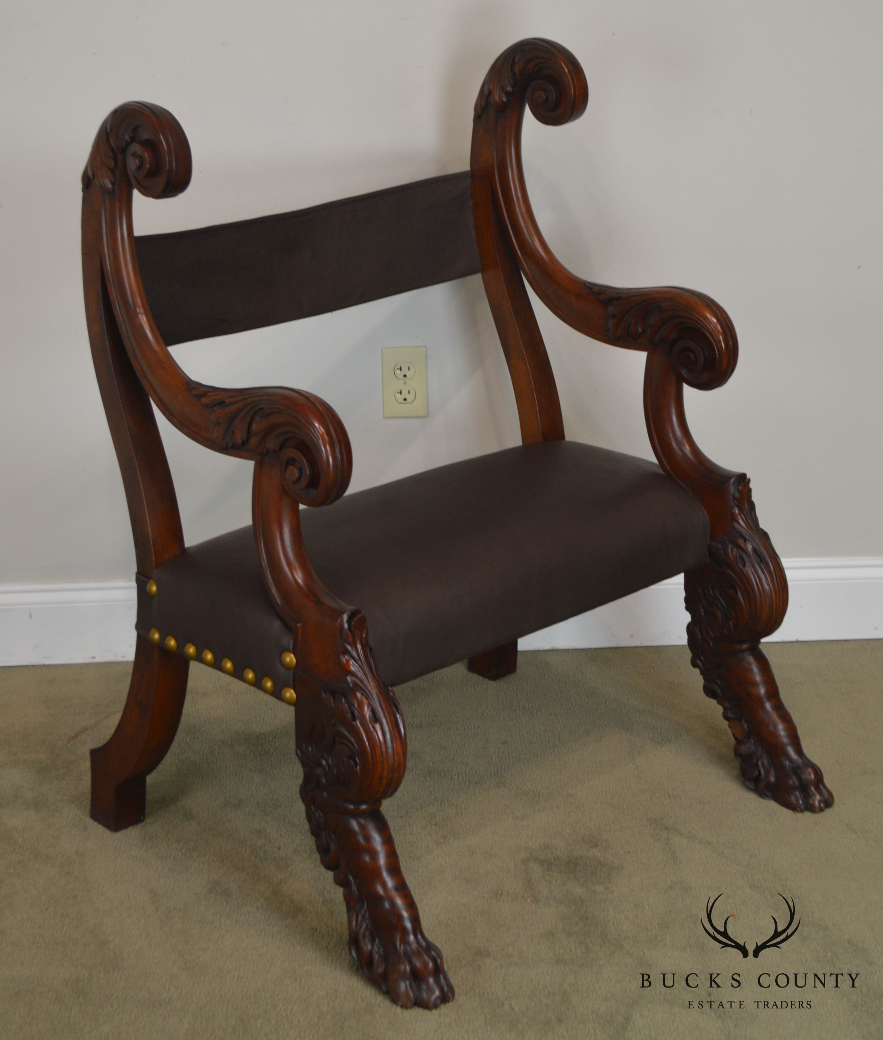 Antique 19th Century Unusual Italian Renaissance Revival Carved Claw Foot Leather Armchair